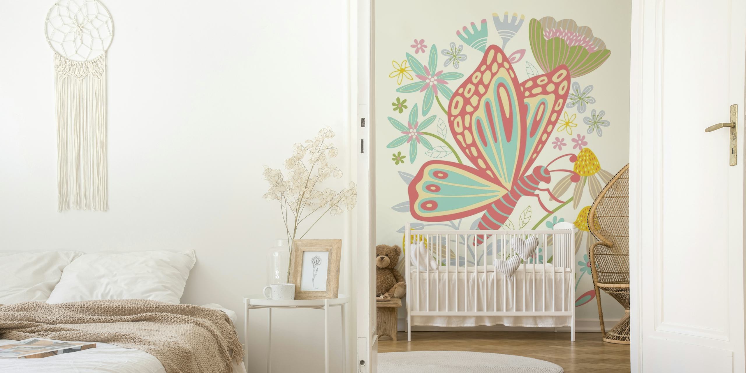 Décoration murale papillon pastel et fleurs