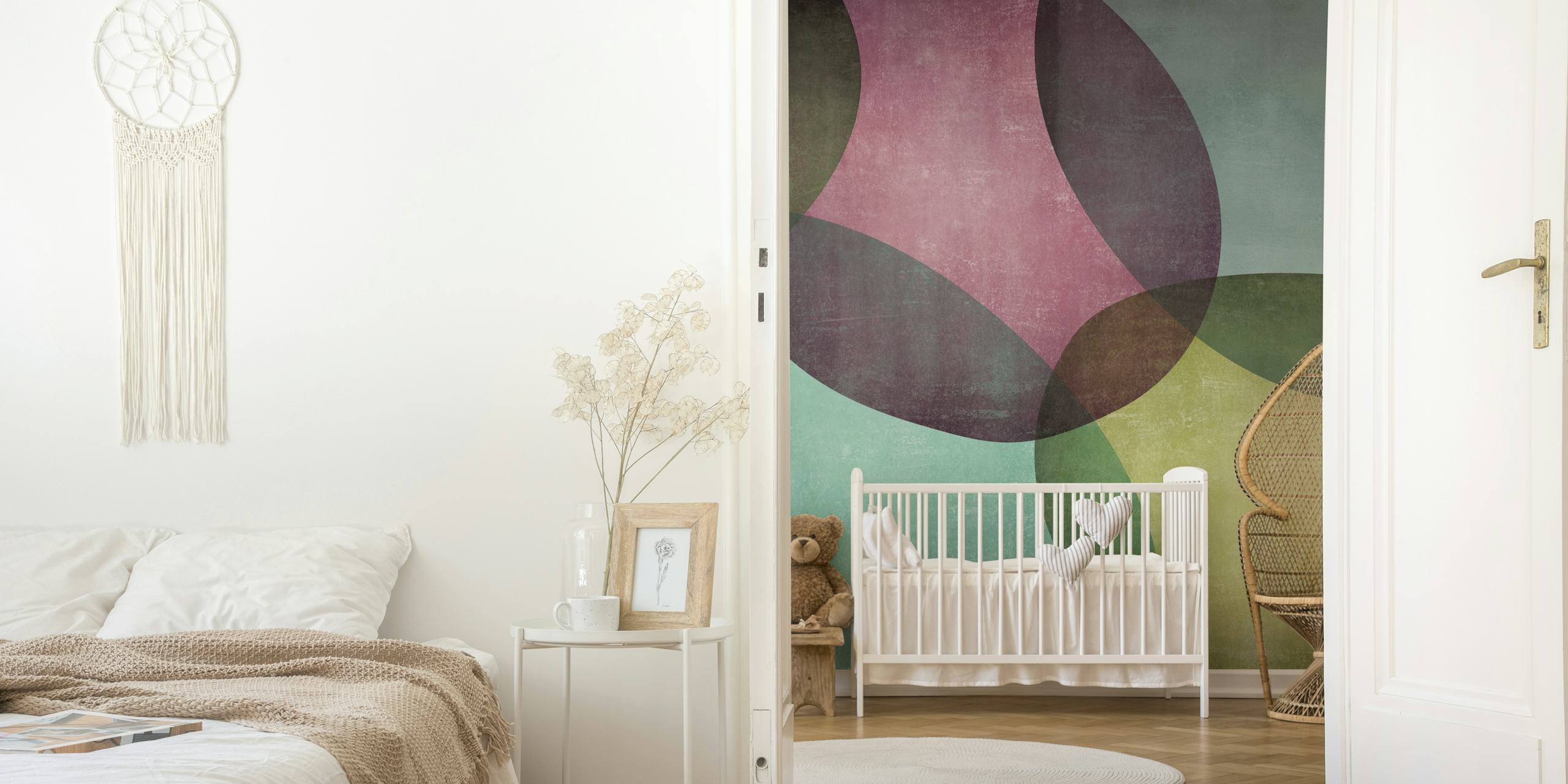 Abstract geometric shapes in green, pink, and yellow wallpaper