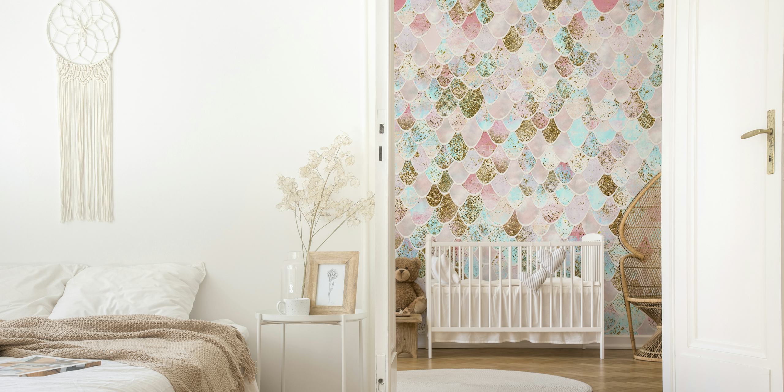 Mermaid scales pattern in pastel pink, blue, and gold tones wallpaper
