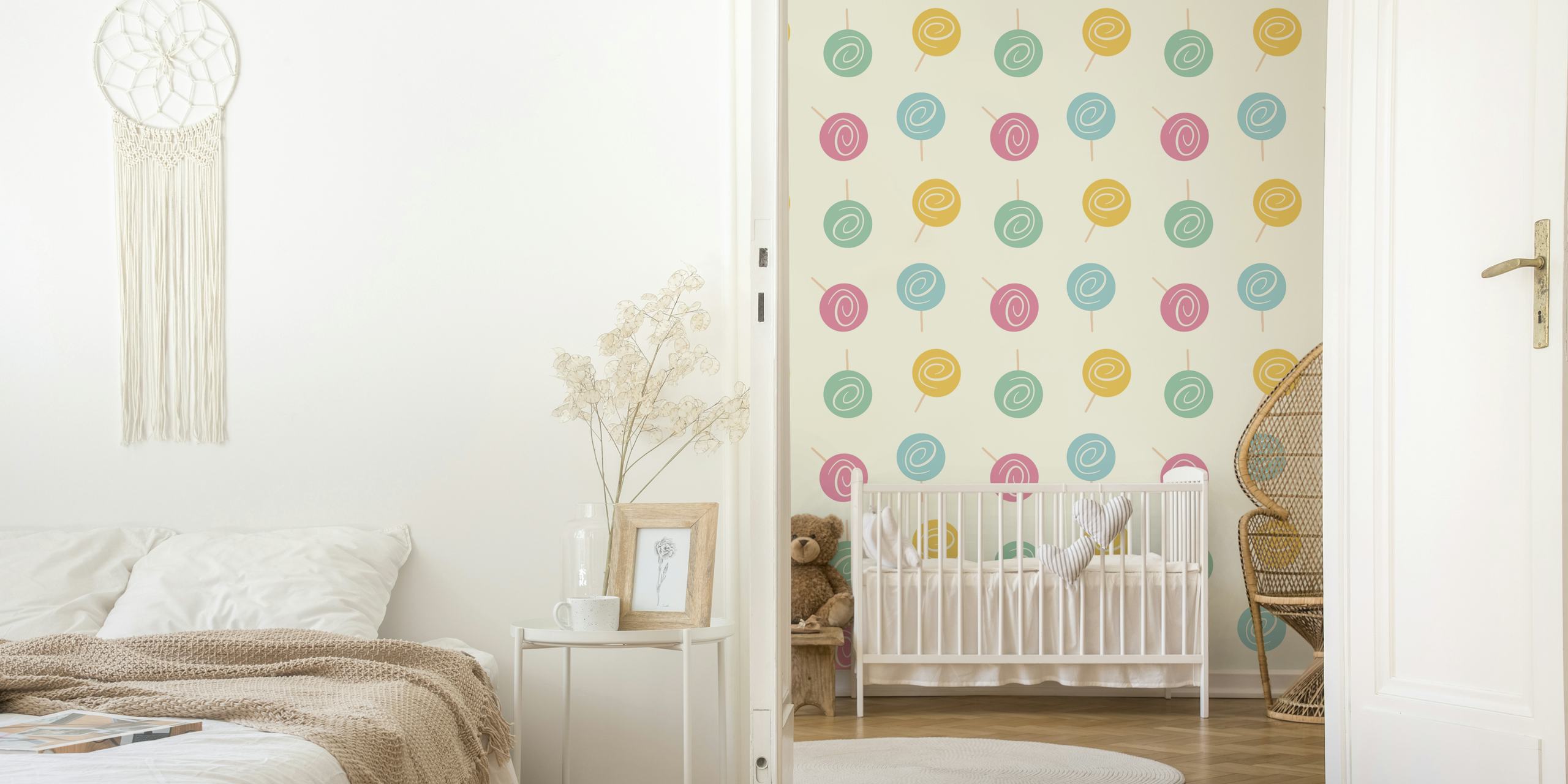 Colorful lollipops on cream background wallpaper