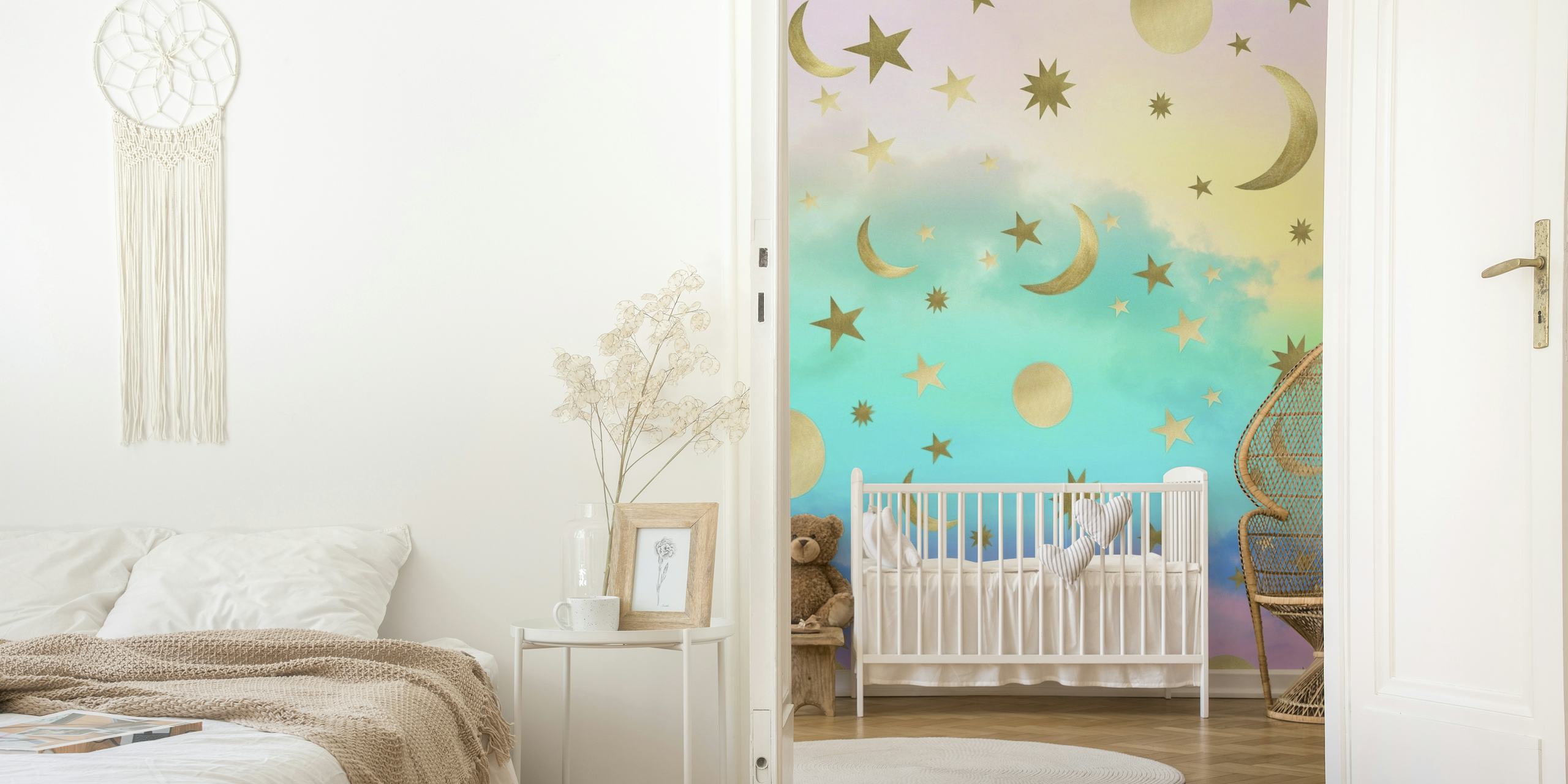 Pastellfärgad regnbågsgradient med stjärnor och månar väggmålning