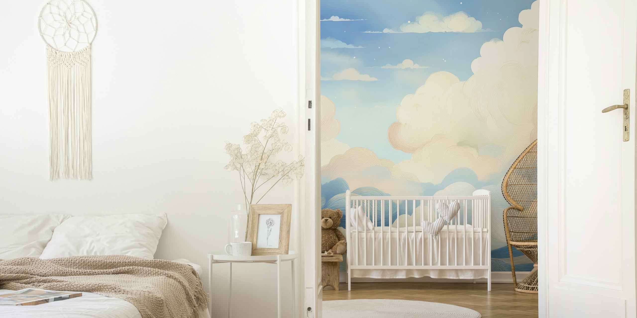 Dreamy cloudscape wallpaper in a room