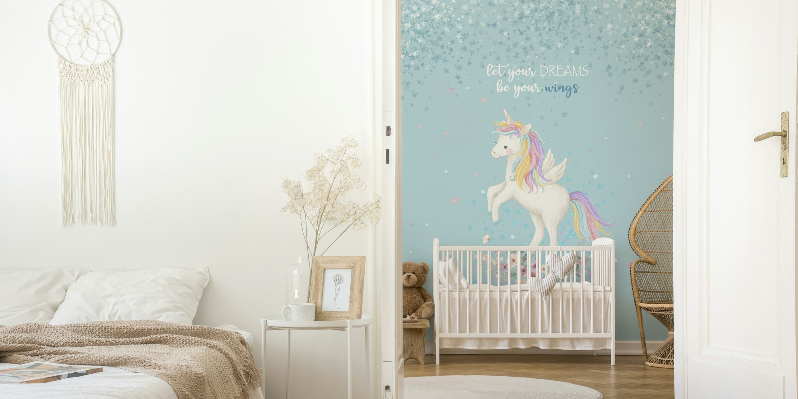 White unicorn with rainbow mane on pastel blue background wallpaper