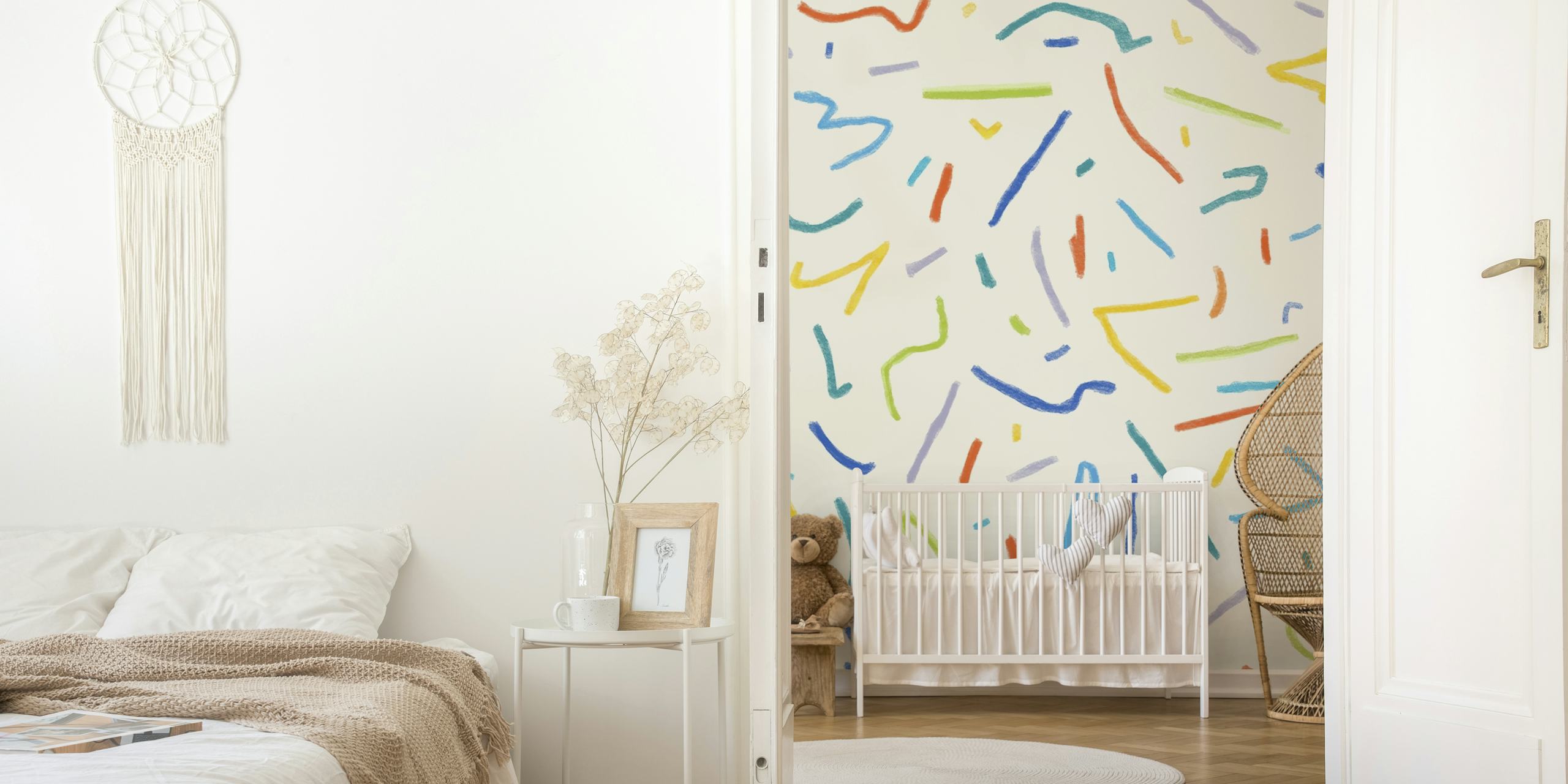 Colorful abstract lines on cream background wallpaper