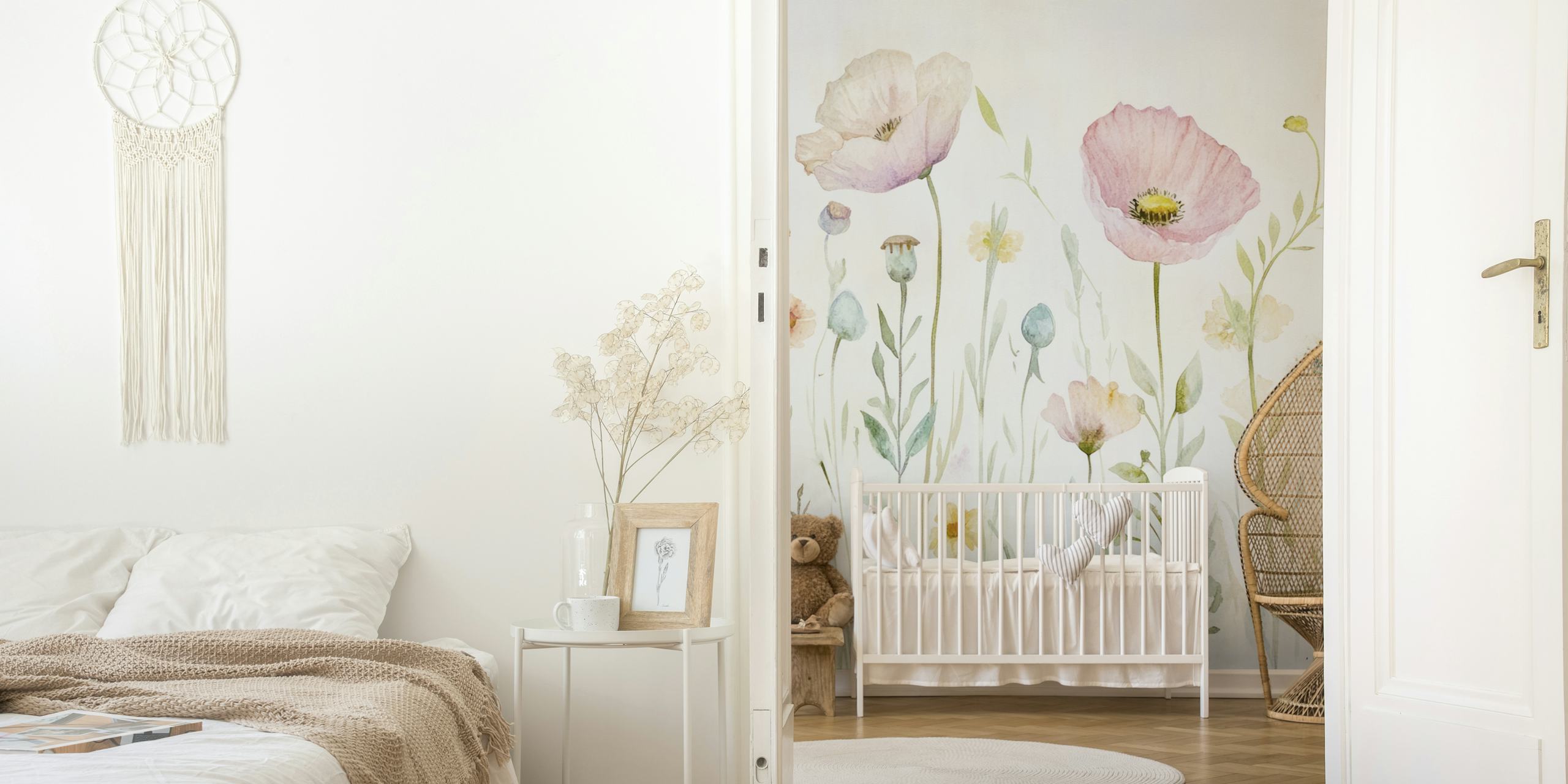 Soft pastel flowers in a watercolor style on a light background wallpaper