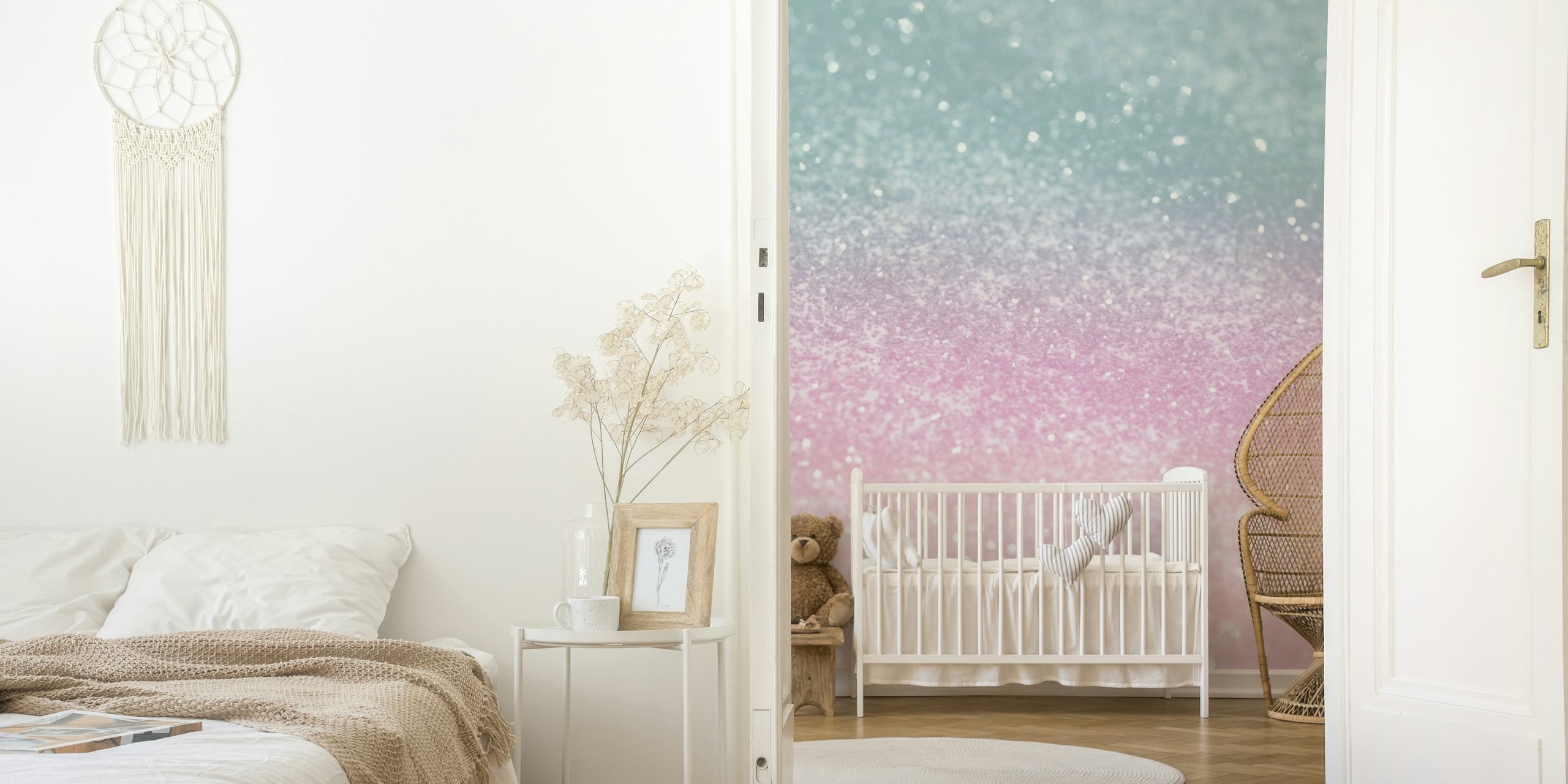 Gradient glitter wall mural transitioning from turquoise to pink with a sparkling effect