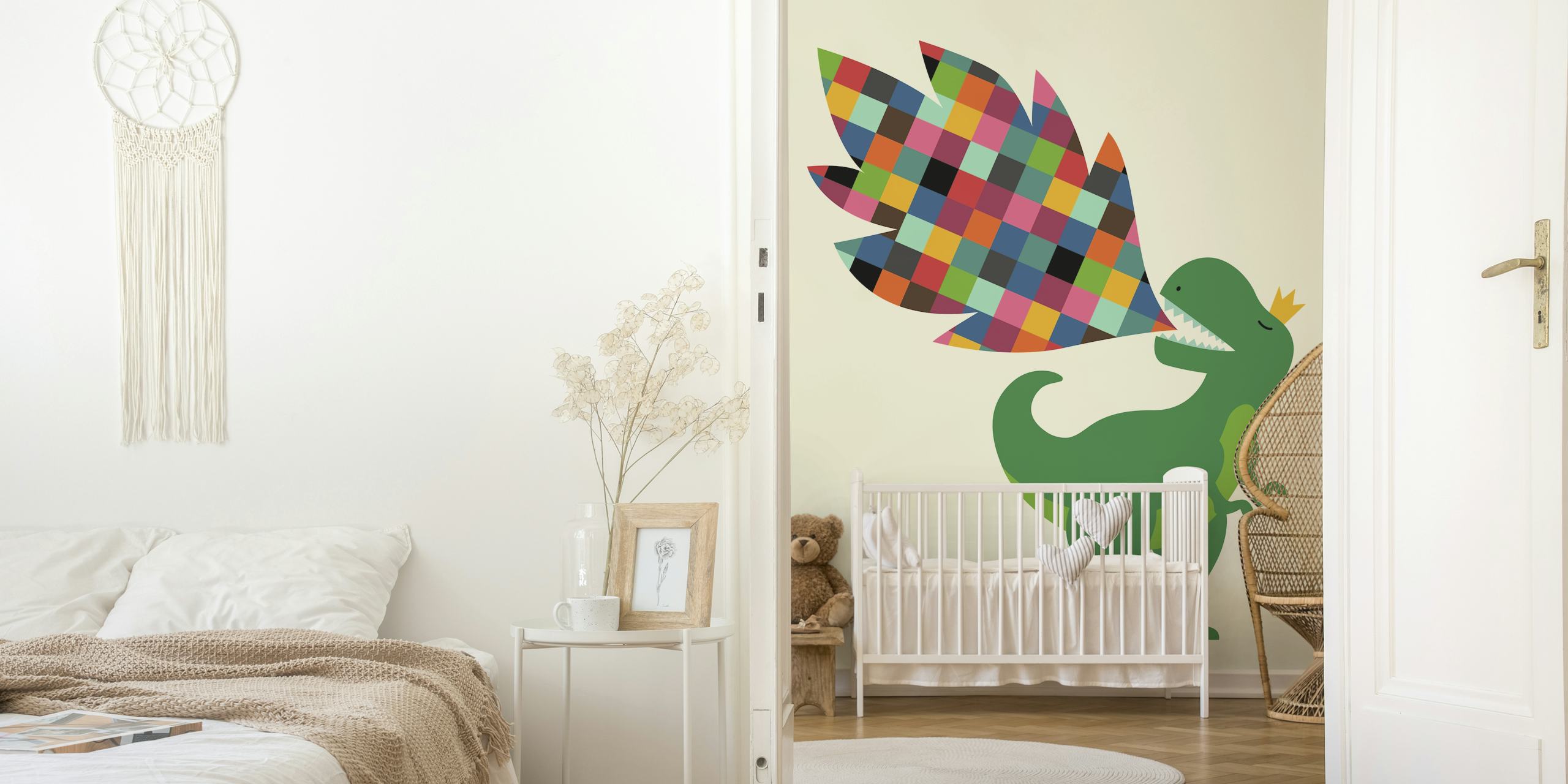 Šareni zidni mural dinosaura s kockastim duginim krilima i krunom, pod nazivom Rainbow Power.
