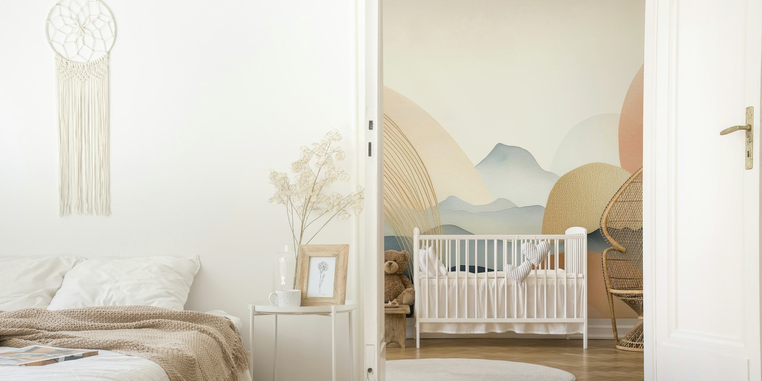 Geometric shapes in peach, navy, and gold colors wallpaper
