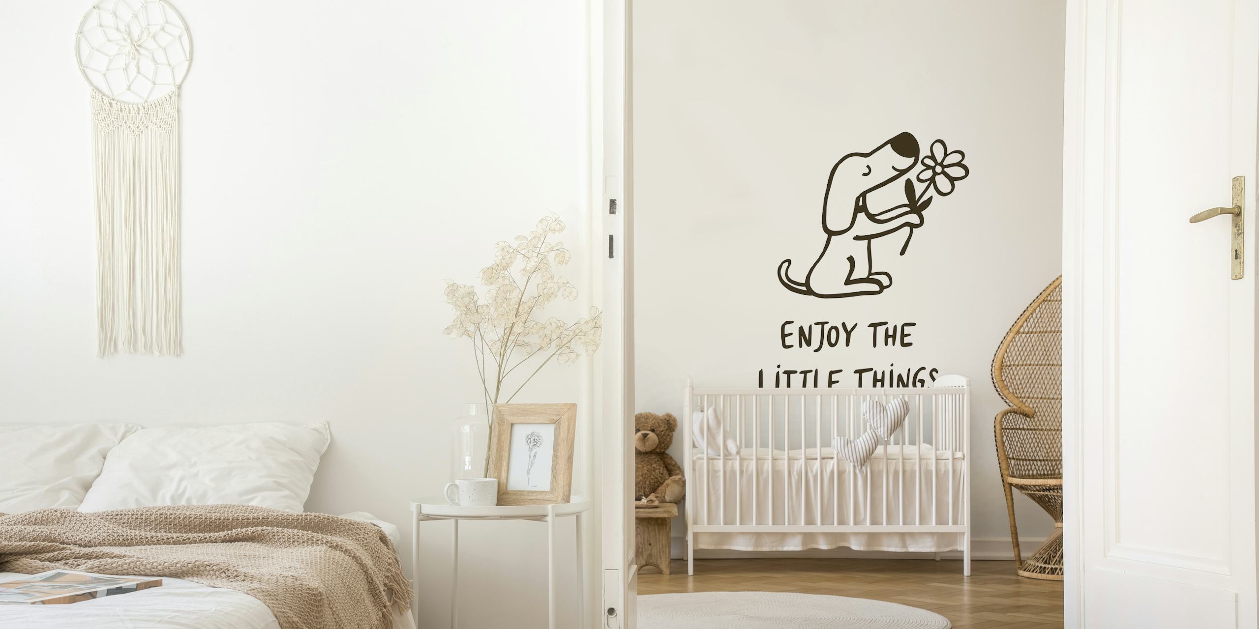 Cute dog holding a flower on a light background wallpaper