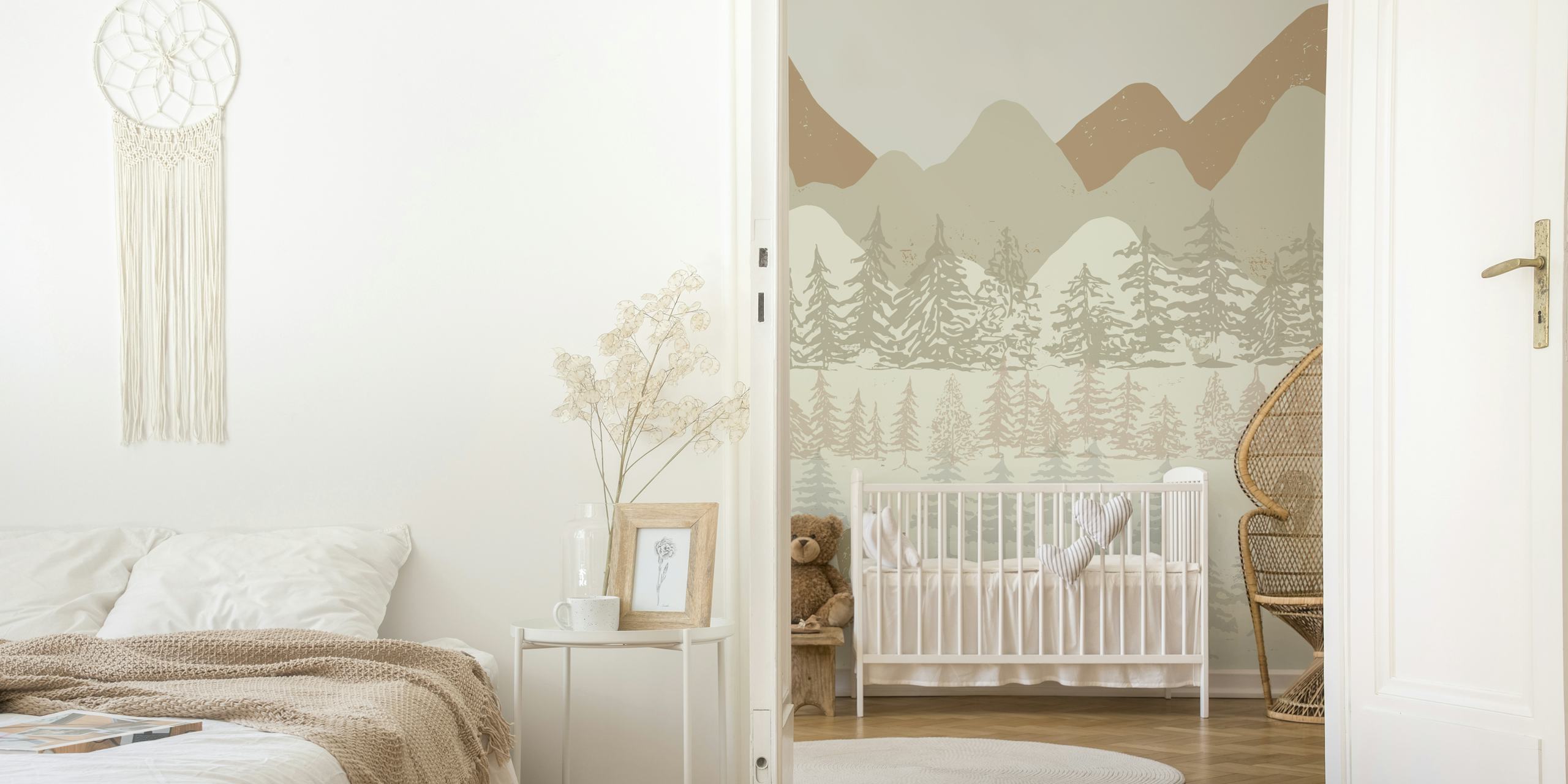 Mountain landscape with bears and pine trees in soft colors wallpaper
