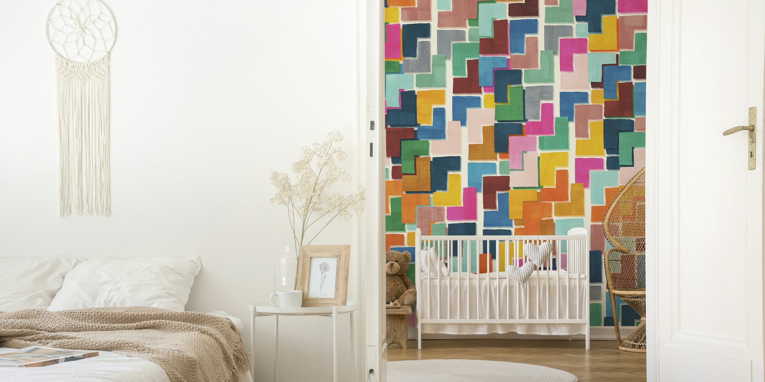 Colorful abstract Tetris pieces wallpaper in a room