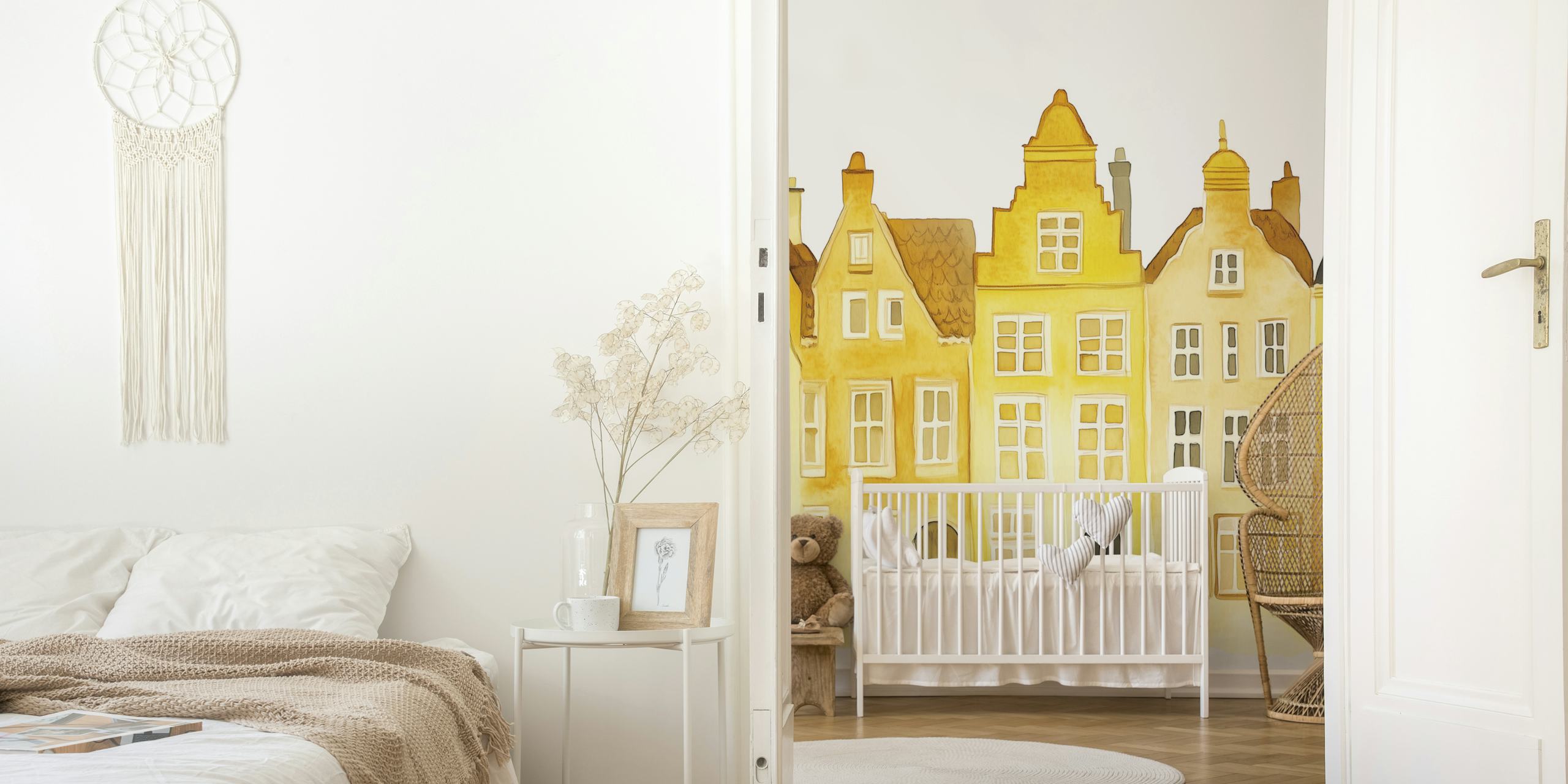 Charming Butter Yellow Town Houses design de papel de parede