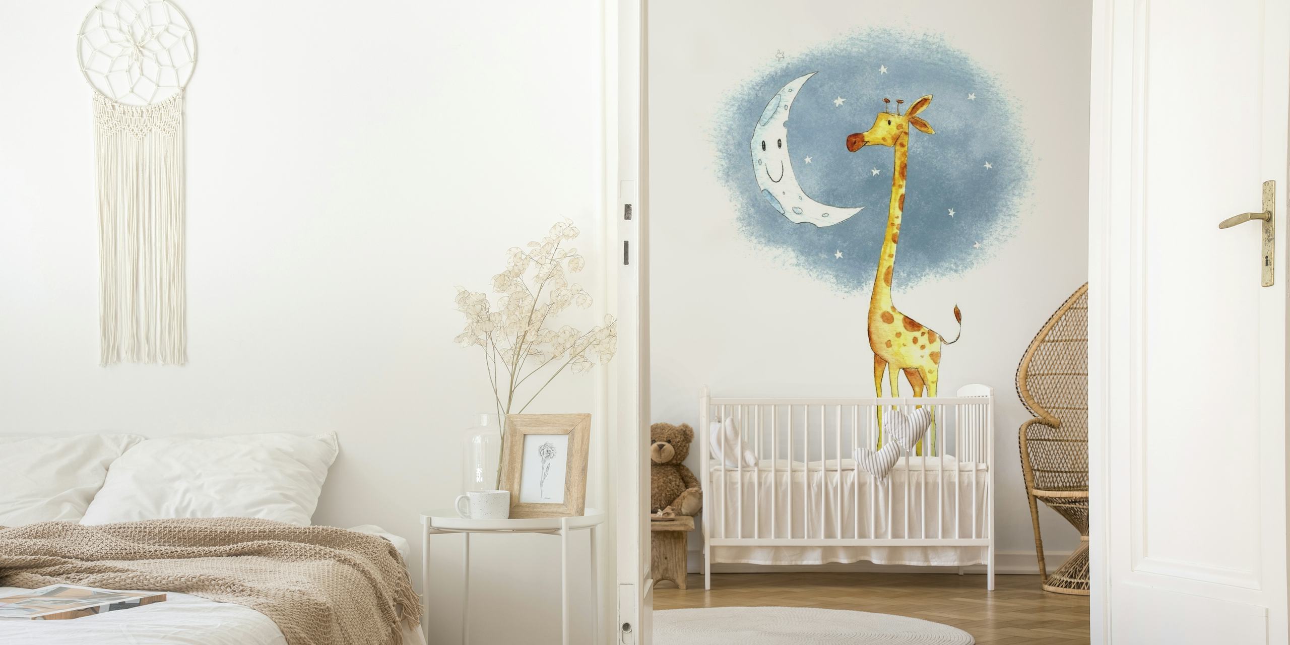 Charming giraffe and smiling moon illustration on a watercolor starry night background for a wall mural