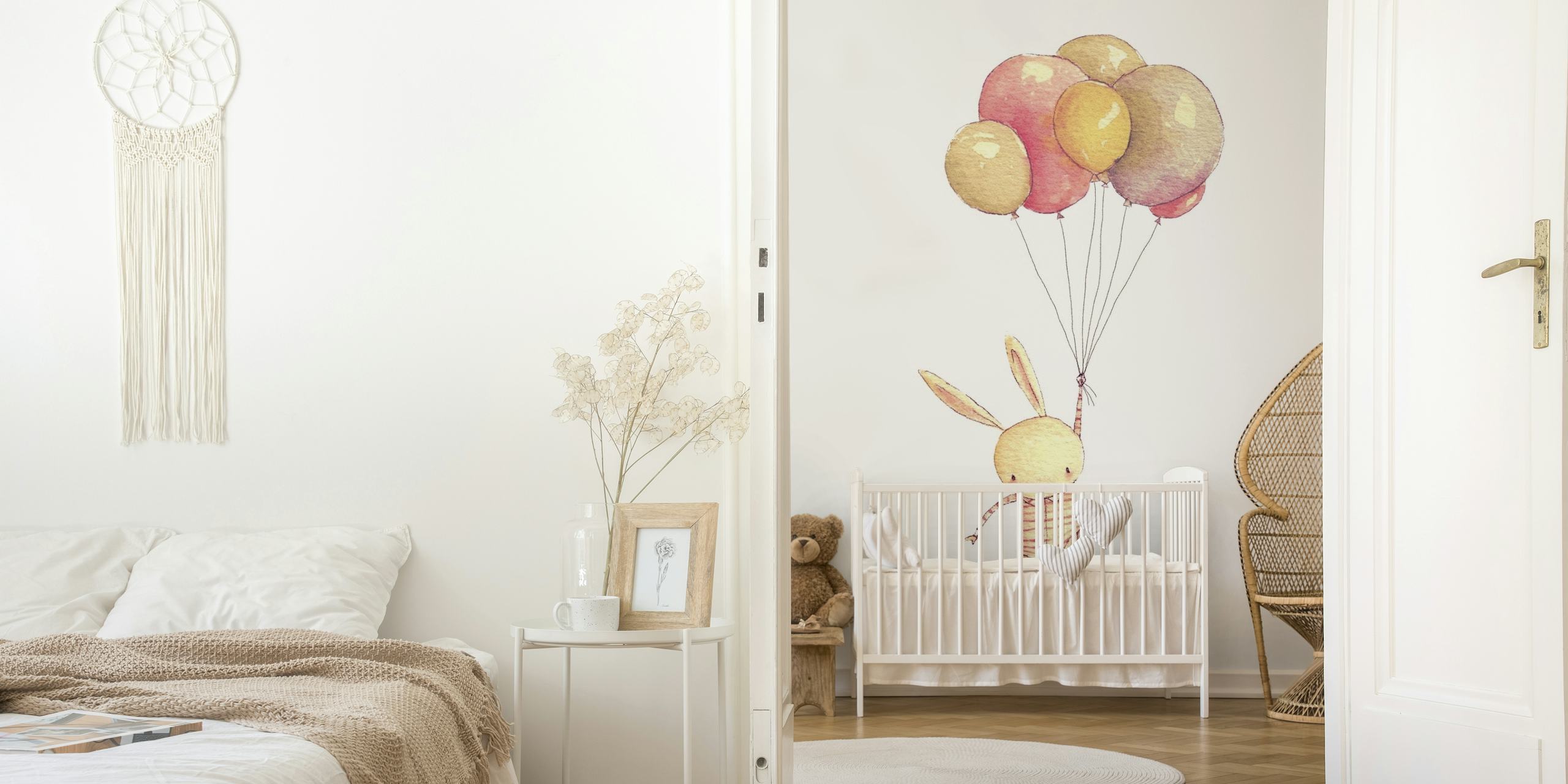 Illustratie van een konijntje vastgebonden aan pastelkleurige ballonnen die naar boven zweven in een fotobehang.