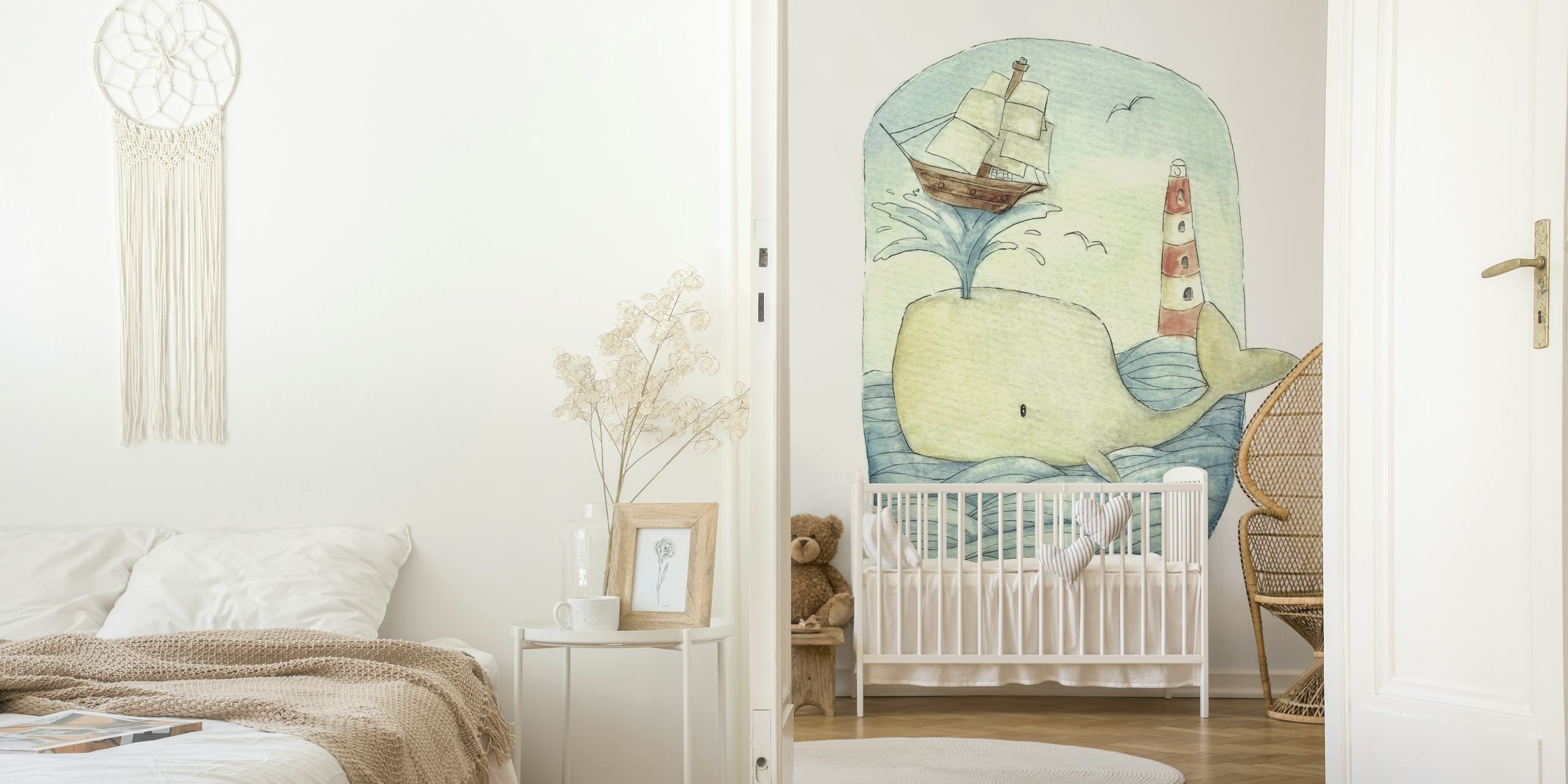 Illustratives Wandbild mit einem süßen Wal mit Segelboot und Leuchtturm im Aquarellstil