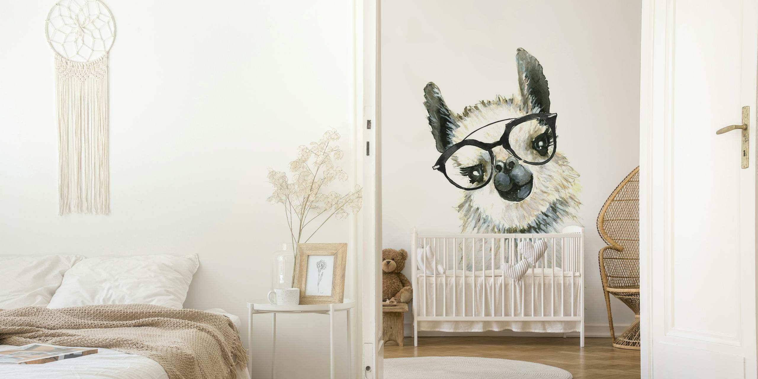 Watercolor illustration of a llama wearing glasses on a wall mural.