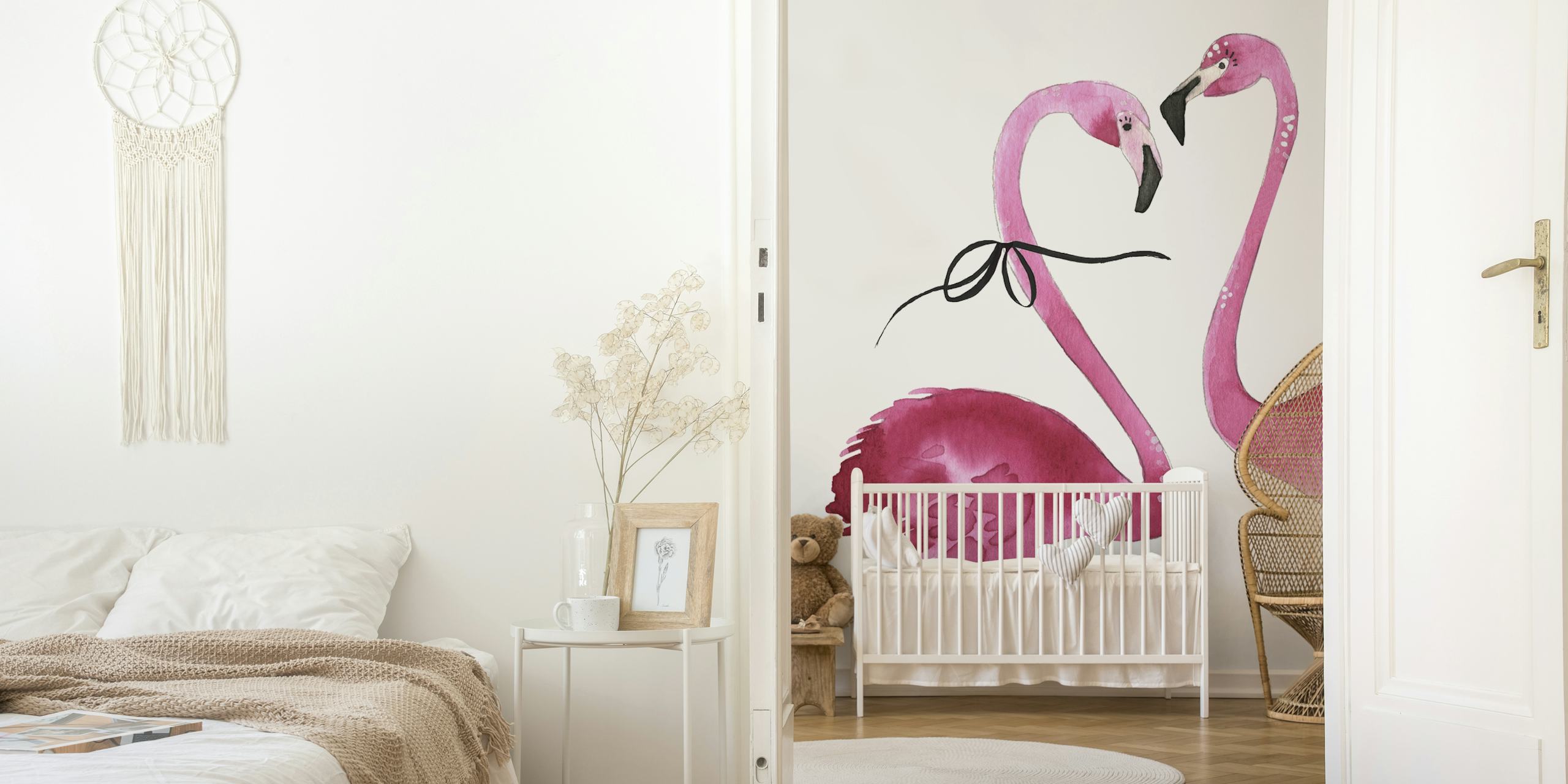Mural de pared de flamencos rosados con una pareja de elegantes flamencos sobre un fondo blanco