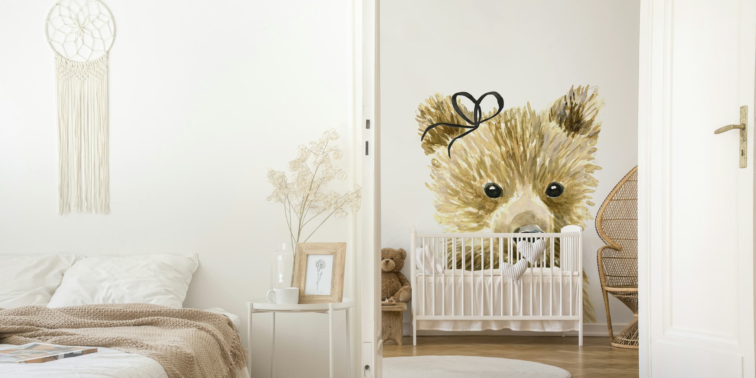 Fotomural vinílico de parede adorável de urso com laço desenhado artisticamente