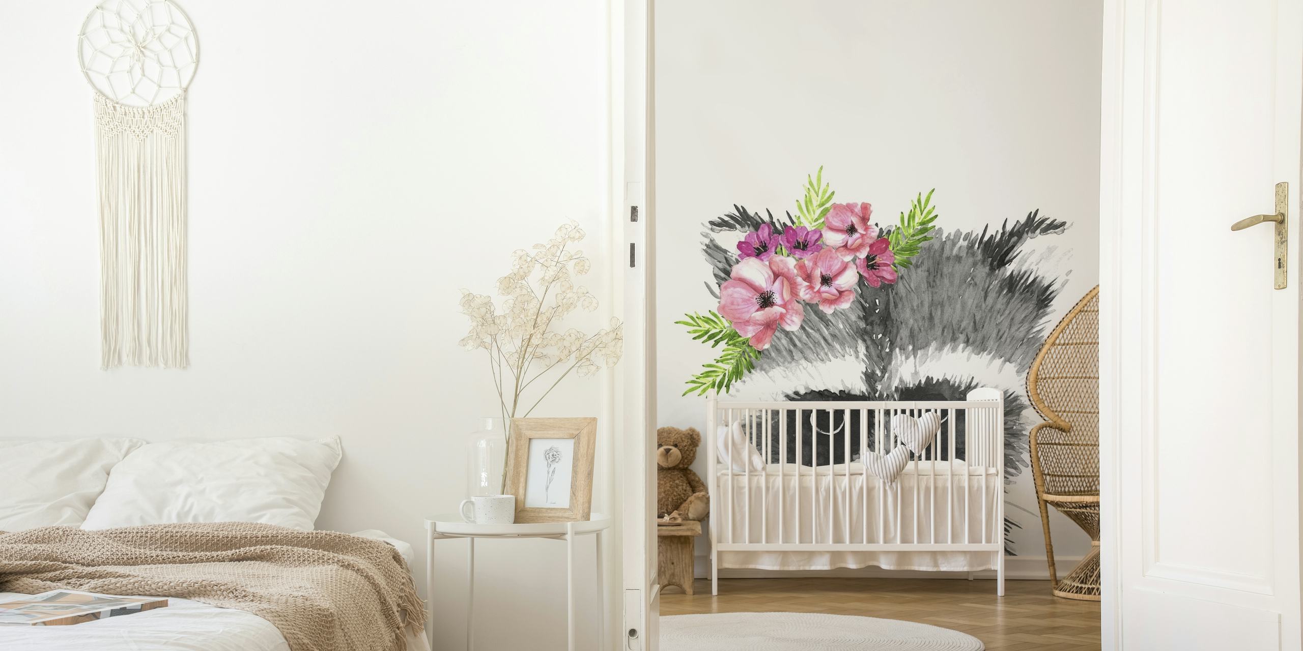 Ručno nacrtani rakun s krunom ružičastog cvijeta zidna slika