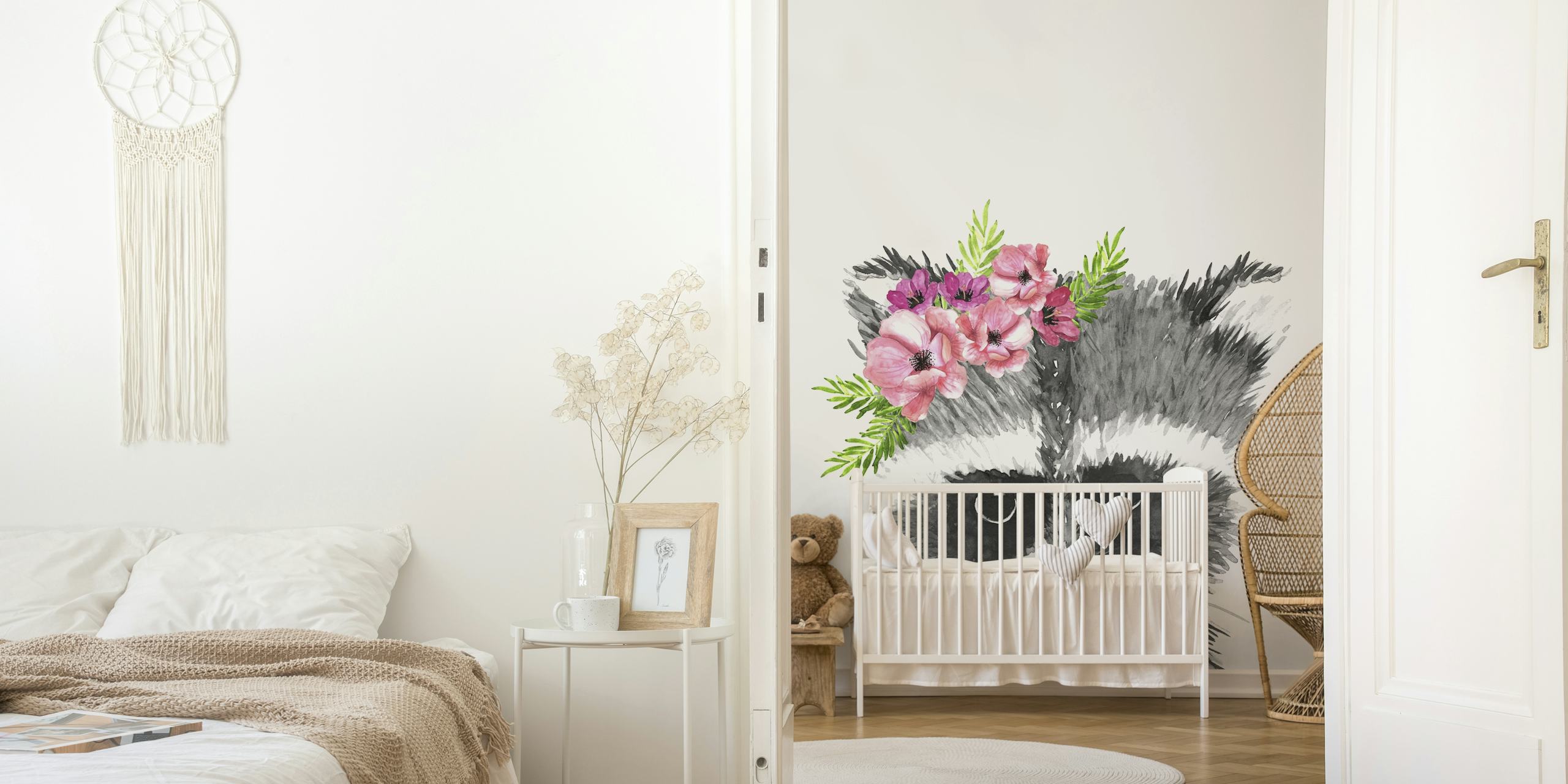 Raccoon with flower crown and pink flowers wallpaper