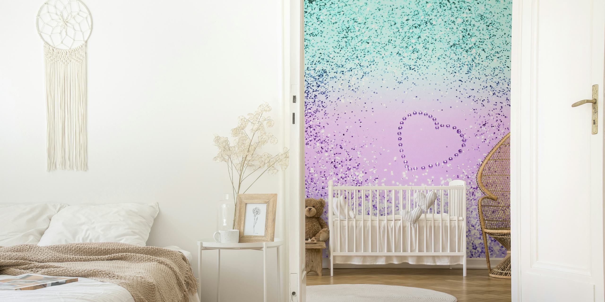 Mystical unicorn-inspired wall mural with a heart made of stars in a gradient of turquoise to purple.