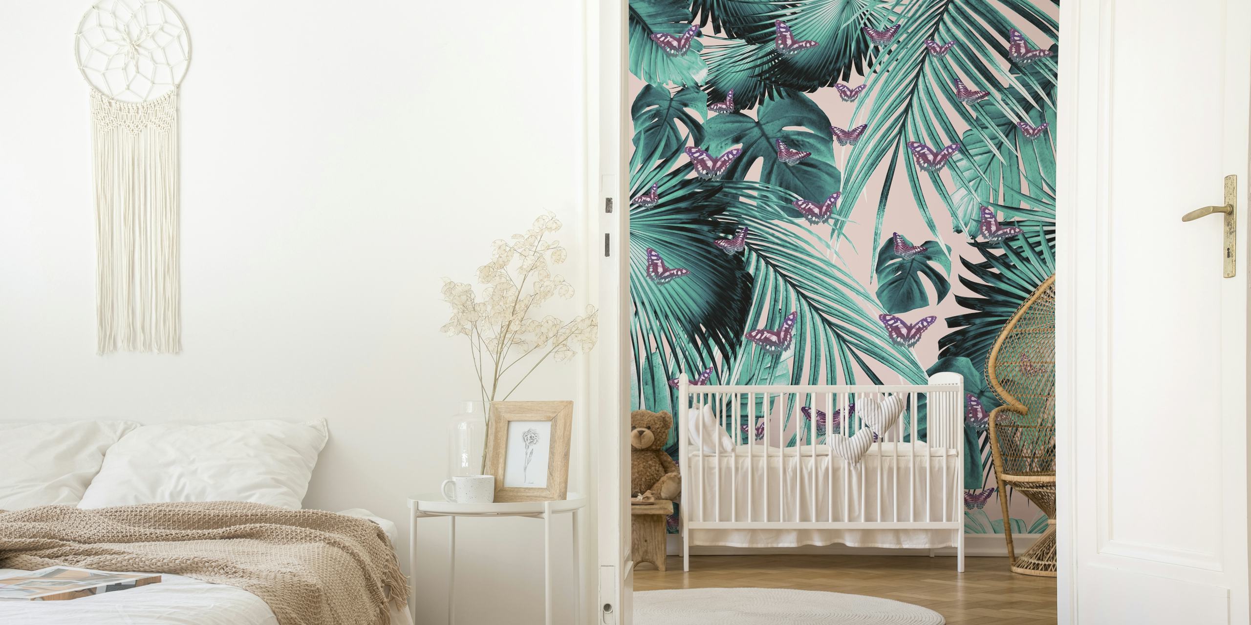 Tropical palm leaves and purple butterflies on pink background wallpaper