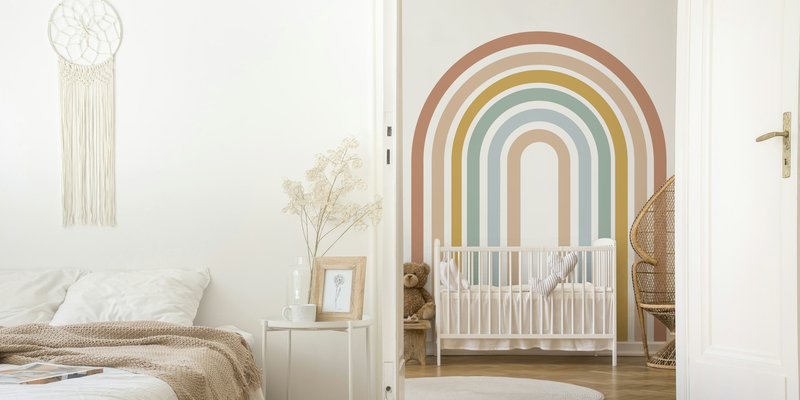 Moderne Boho Tapete mit Regenbogenlinien in sanften Farben