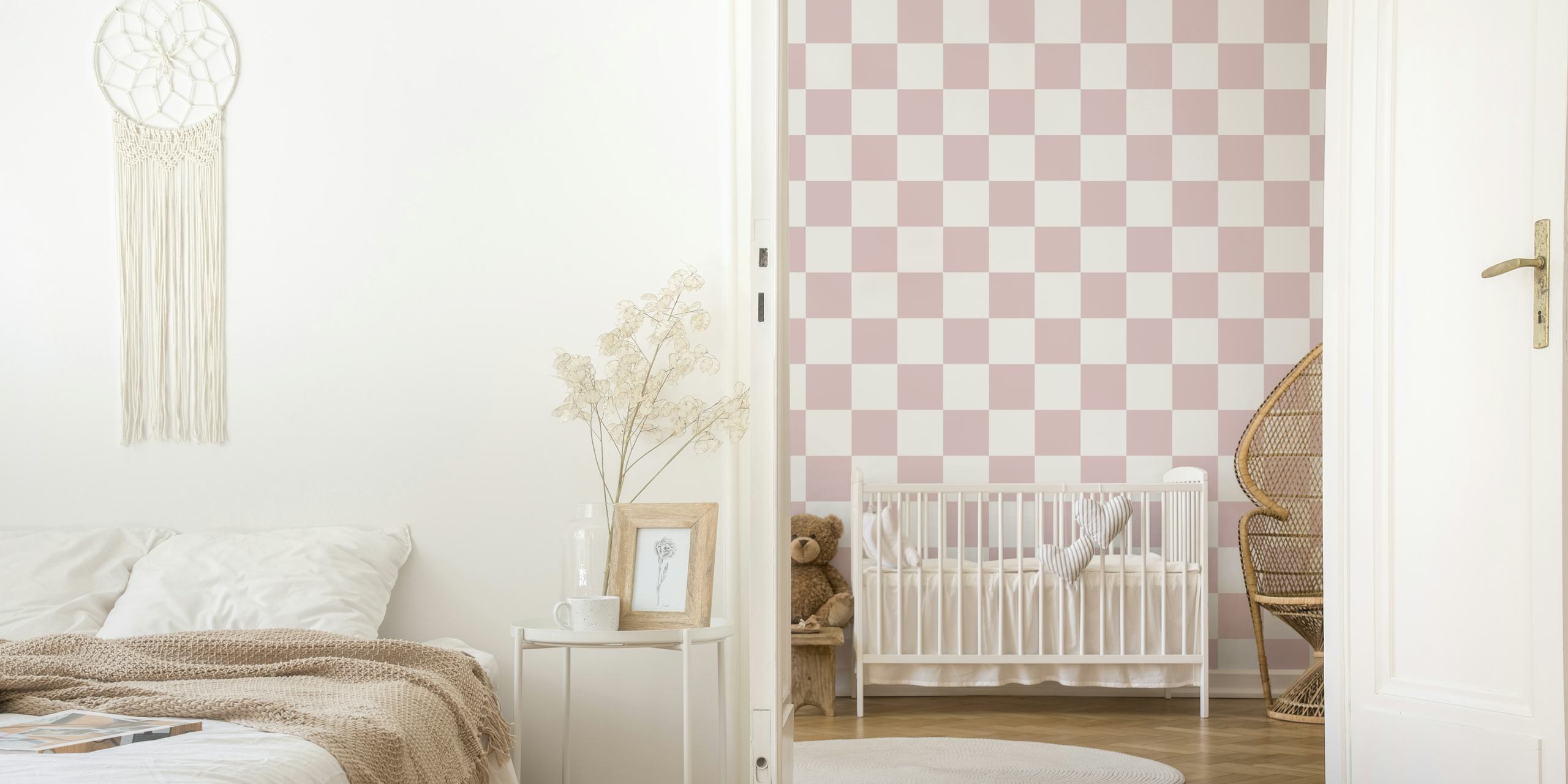 Pale pink and white check pattern wallpaper