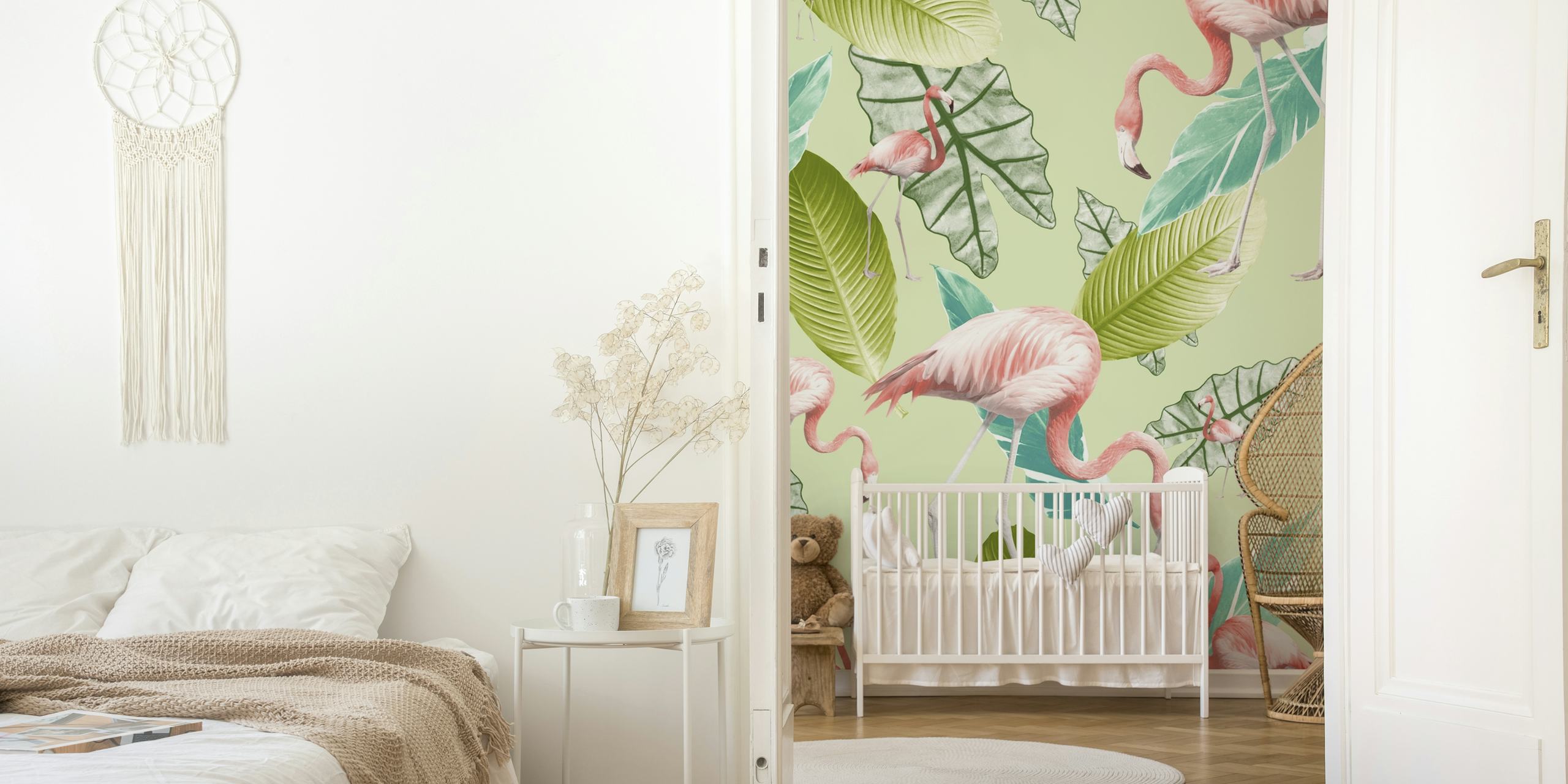 Pastel flamingo wallpaper in a room