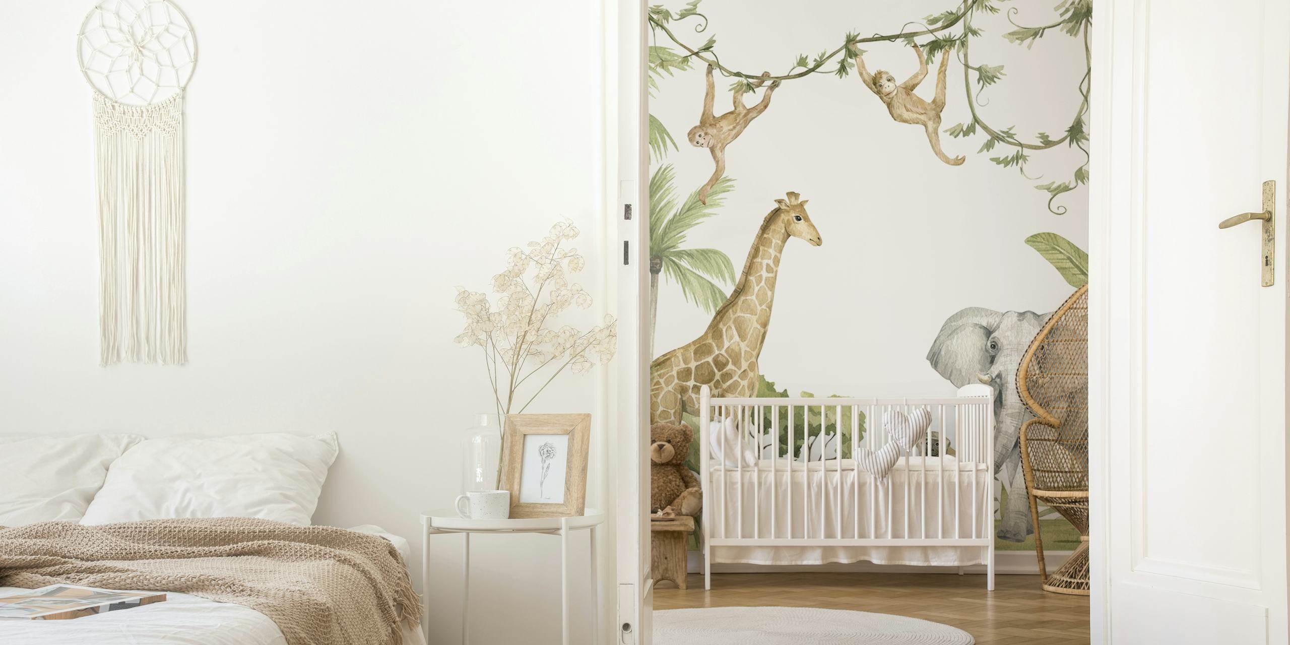 Giraffe, elephant, monkeys, and tropical plants wallpaper