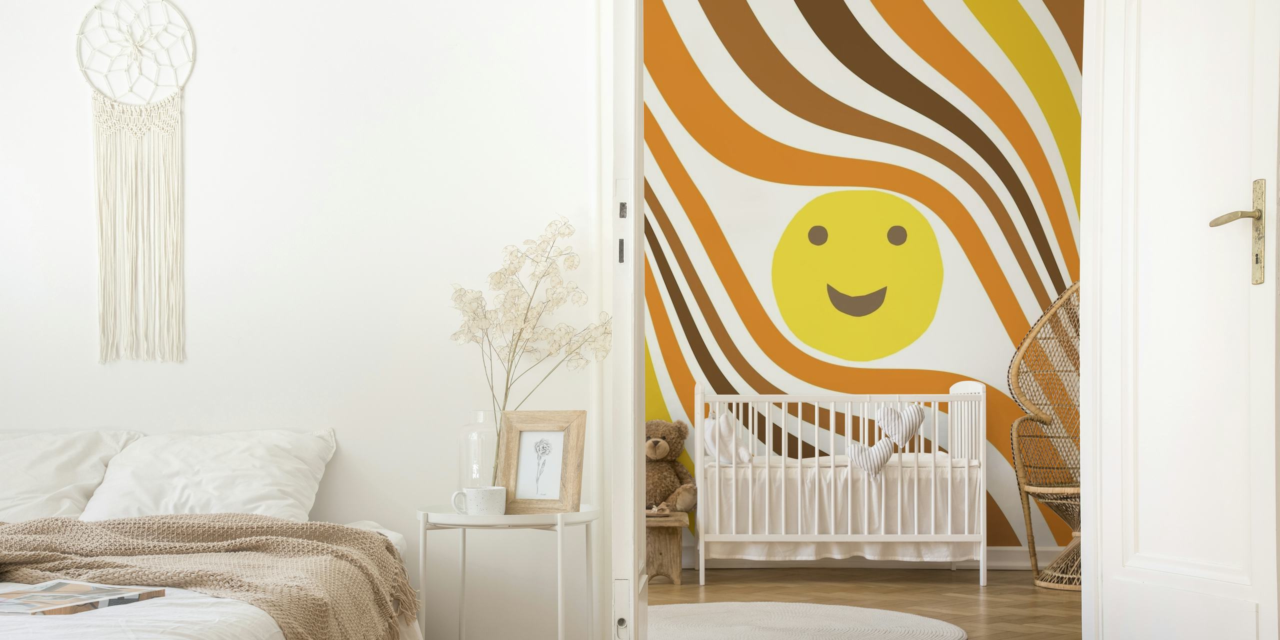 Retro Sun Wave Glam 1 wall mural with groovy waves and a smiling sun