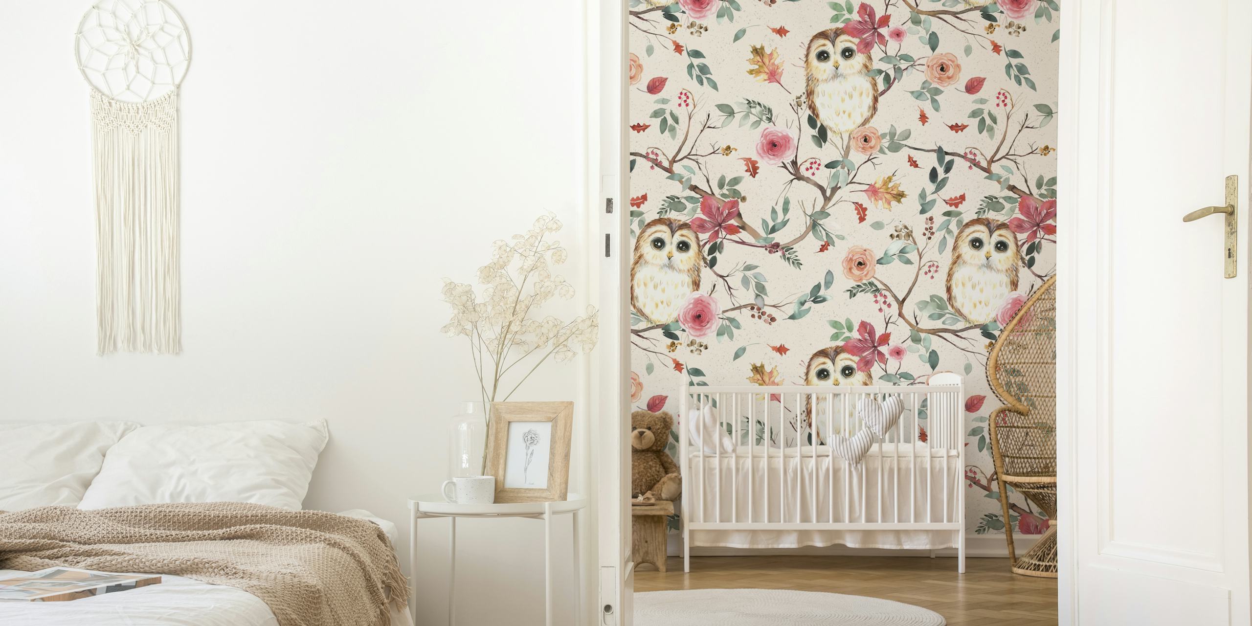 Cute owls wallpaper with flowers and branches