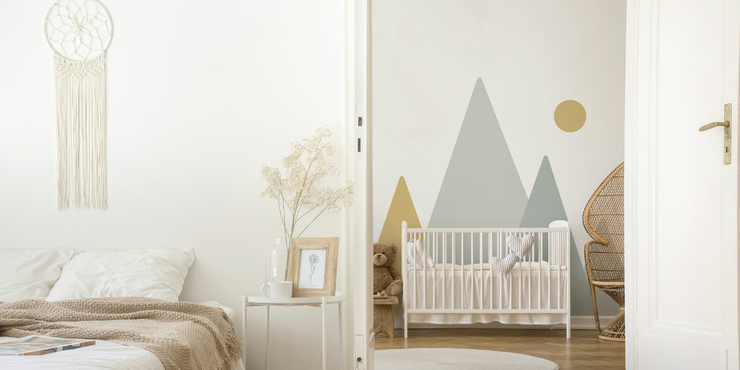 Stylized minimalist mountain peaks in gray and beige wallpaper