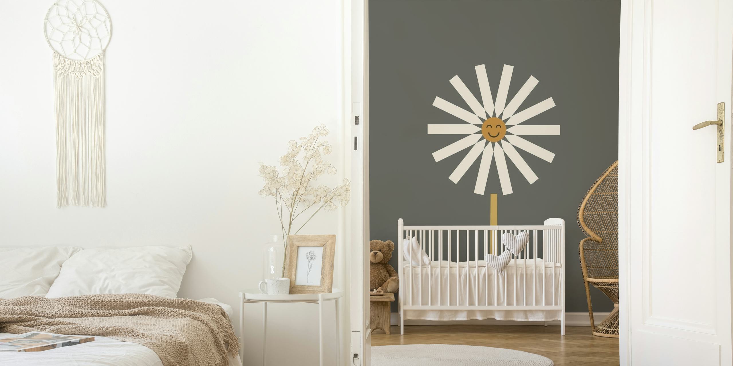 Stylized daisy illustration wall mural on a muted background