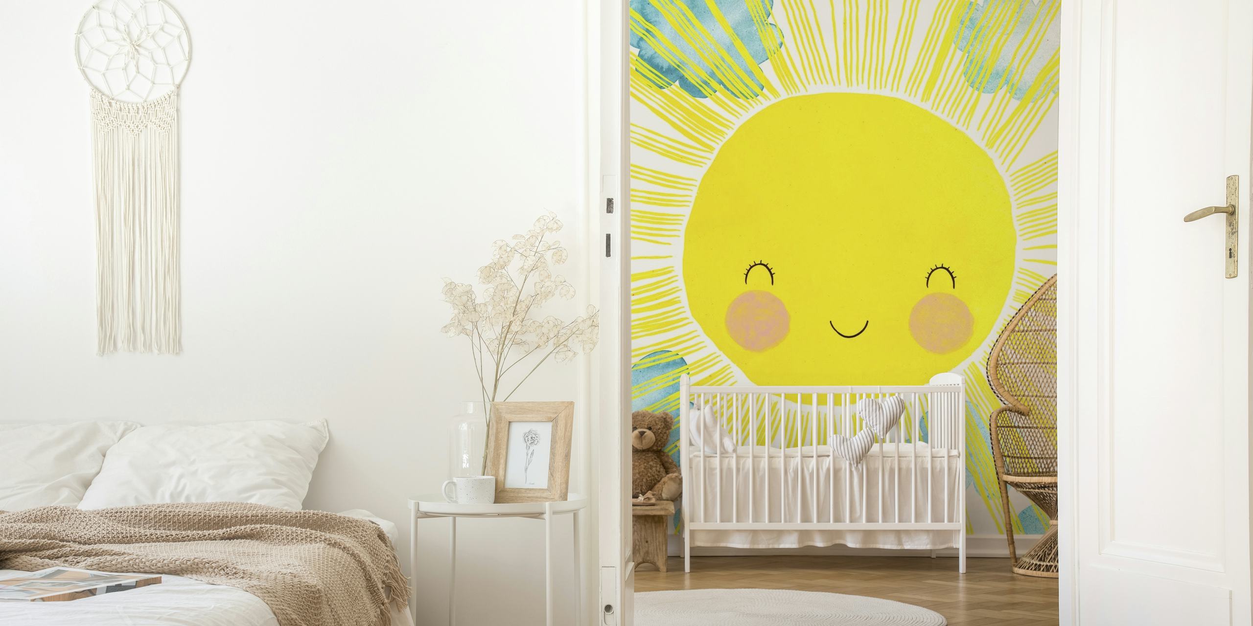 Veselo sunce zidna slika s nasmijanim licem i apstraktnim plavim i žutim zrakama