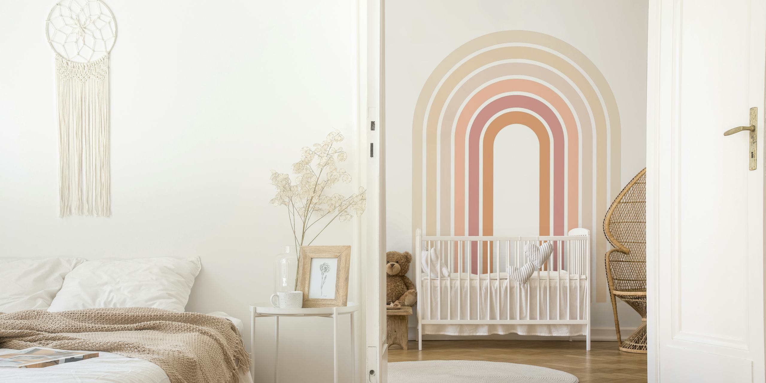 Blush Pink Rainbow wall mural with pastel arches design