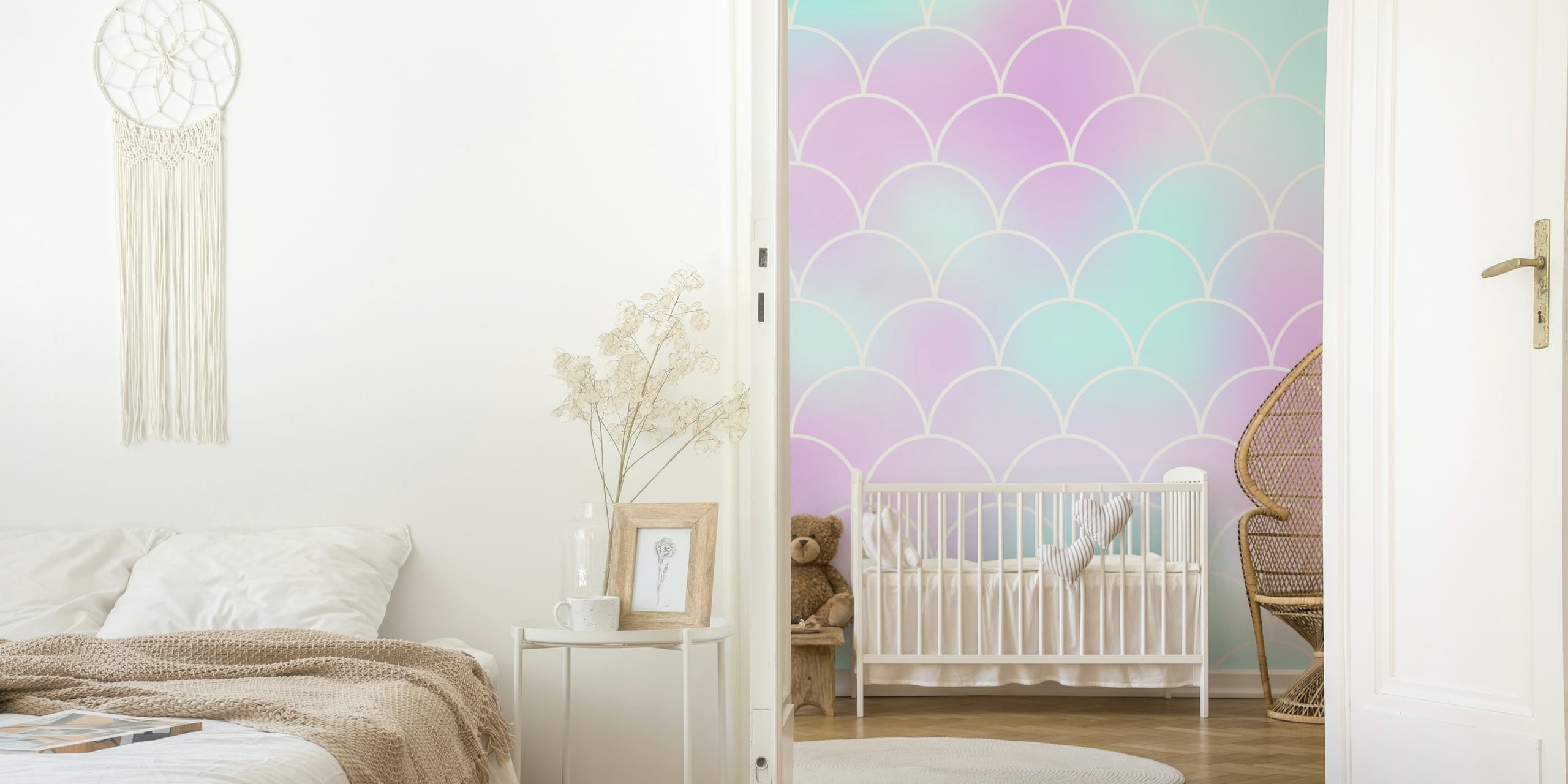 Large mermaid scales wallpaper in a room