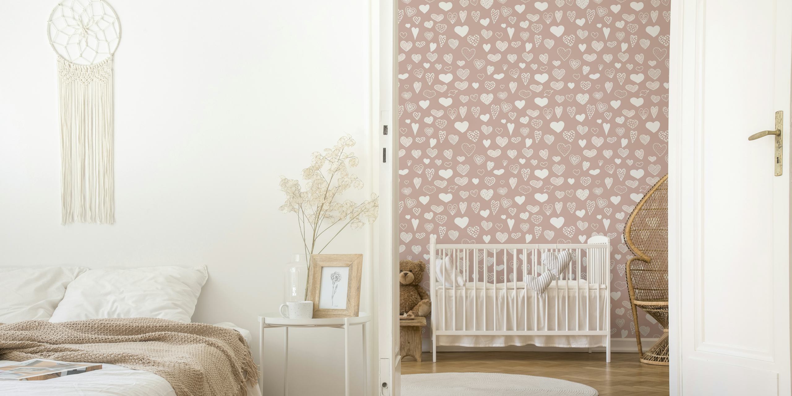 White heart doodles on blush pink background wallpaper
