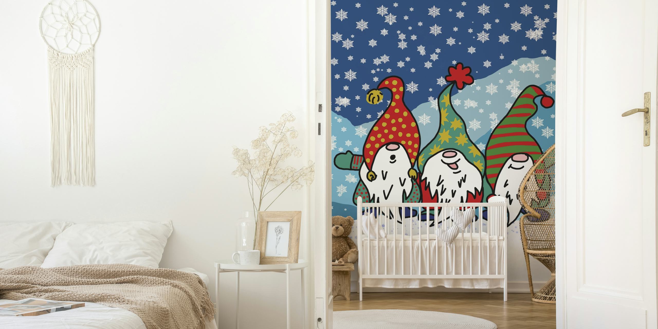 Singing Gnomes Winter papier peint dans une pièce