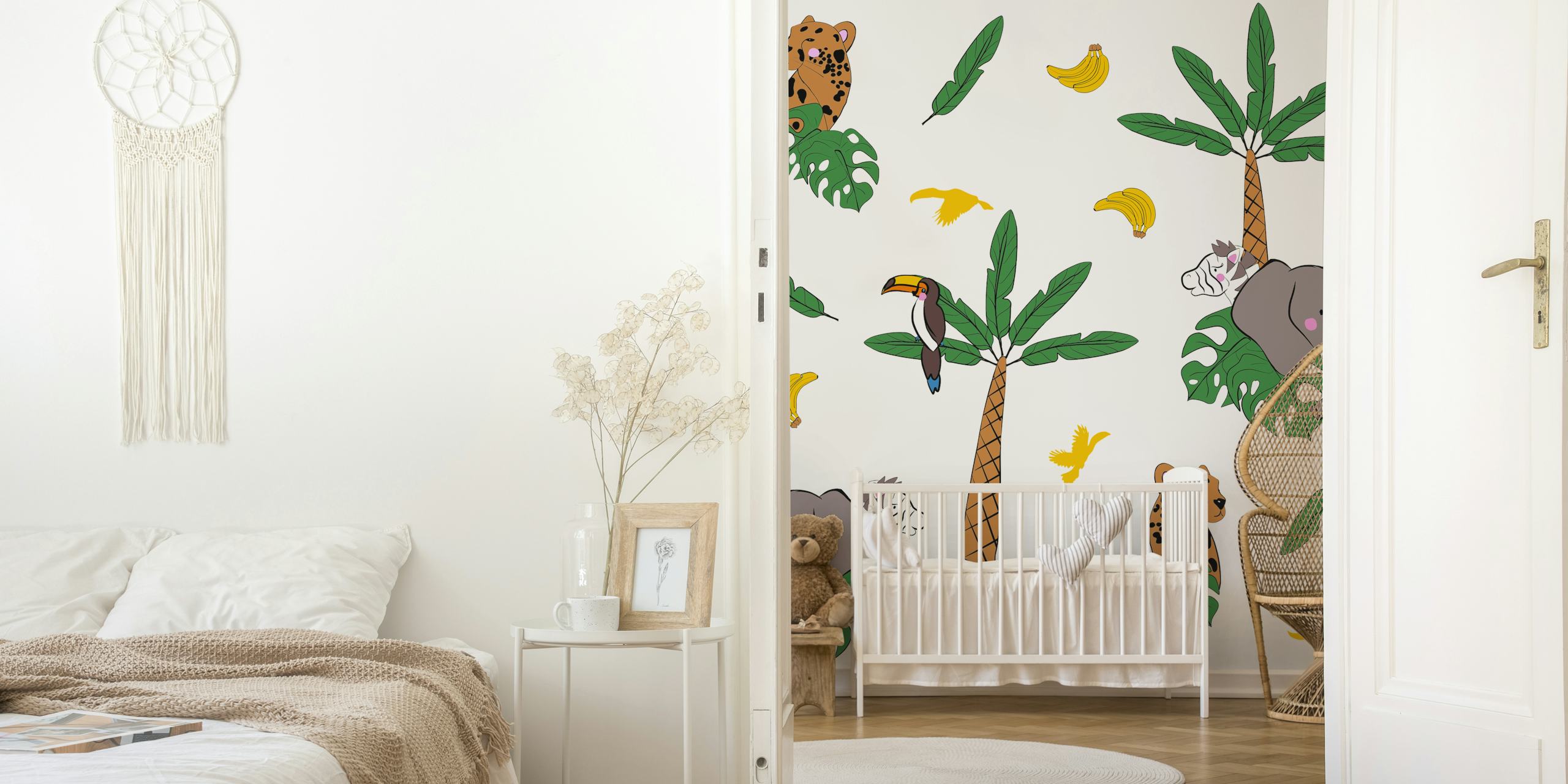 Tropical animal print wallpaper with elephants, toucans, and leaves