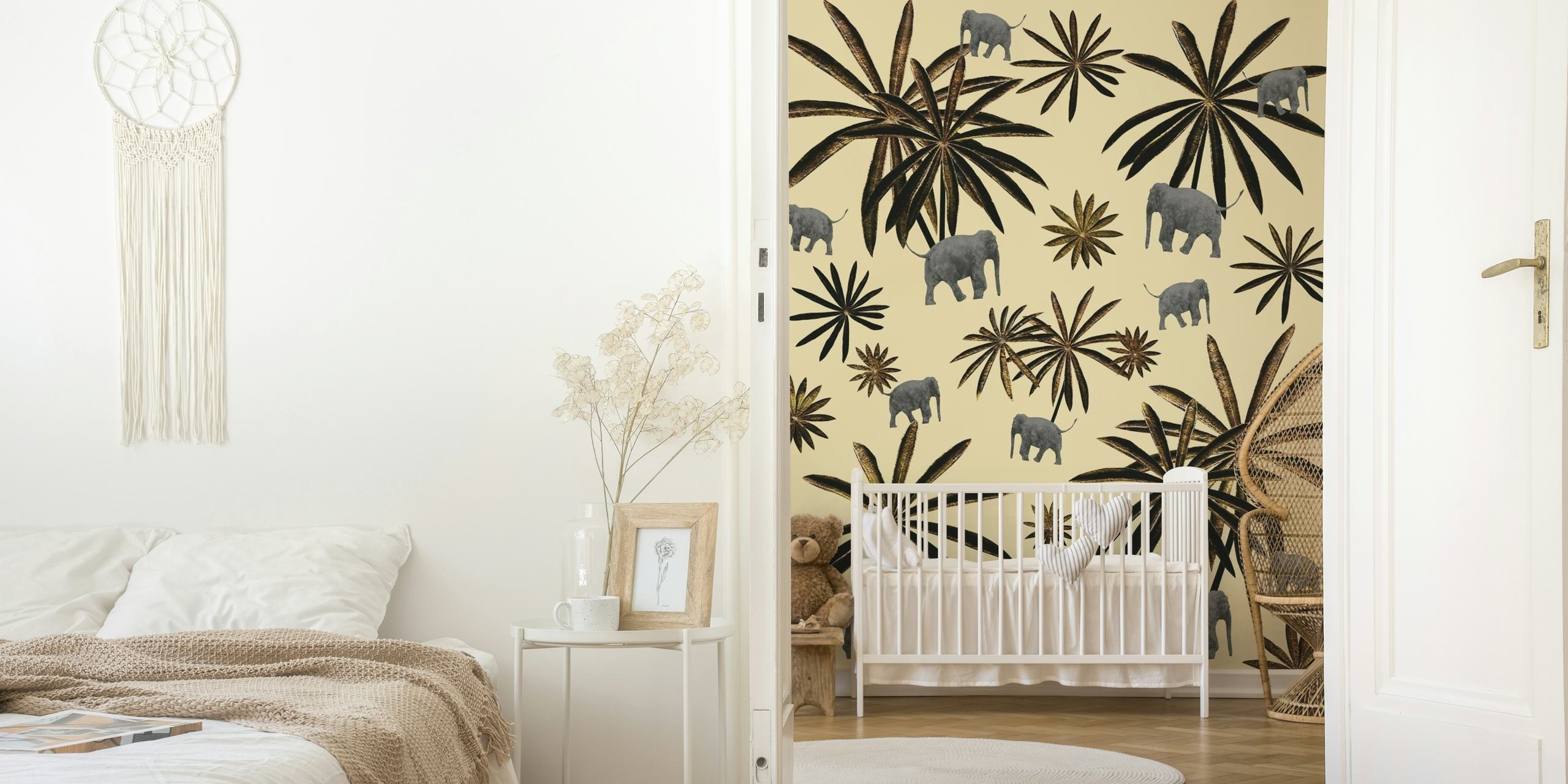 Illustrative wall mural featuring elephants and palm trees in earthy tones on a neutral background