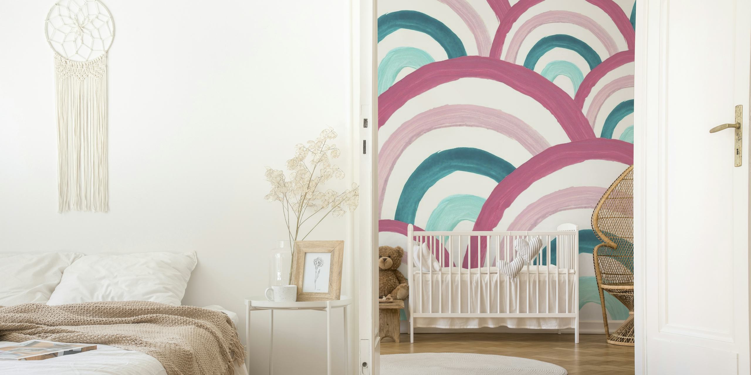 Pastel rainbow arches wall mural in shades of pink, mint, and cream