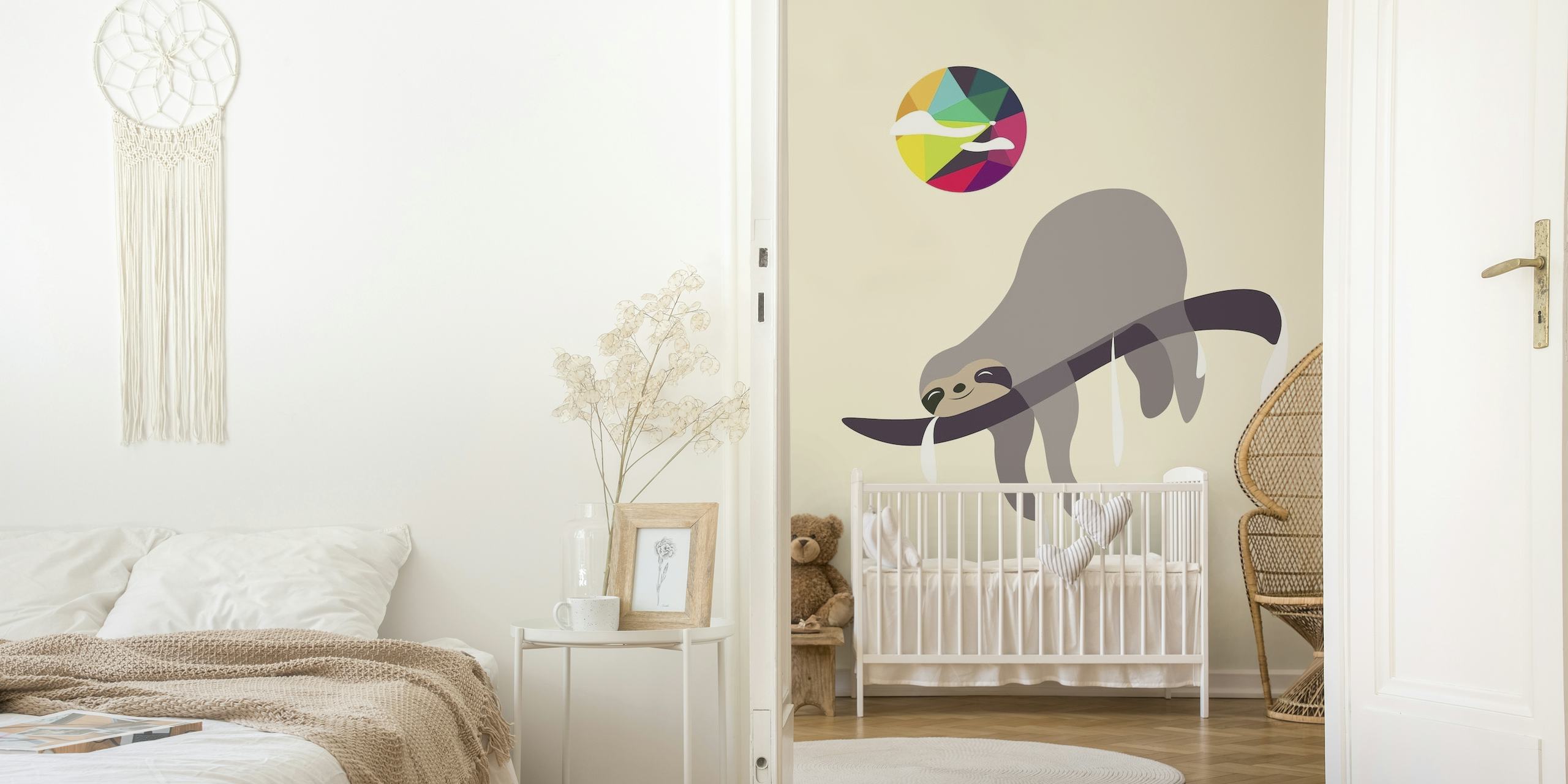 Sloth wall mural with a colorful geometric abstract sun