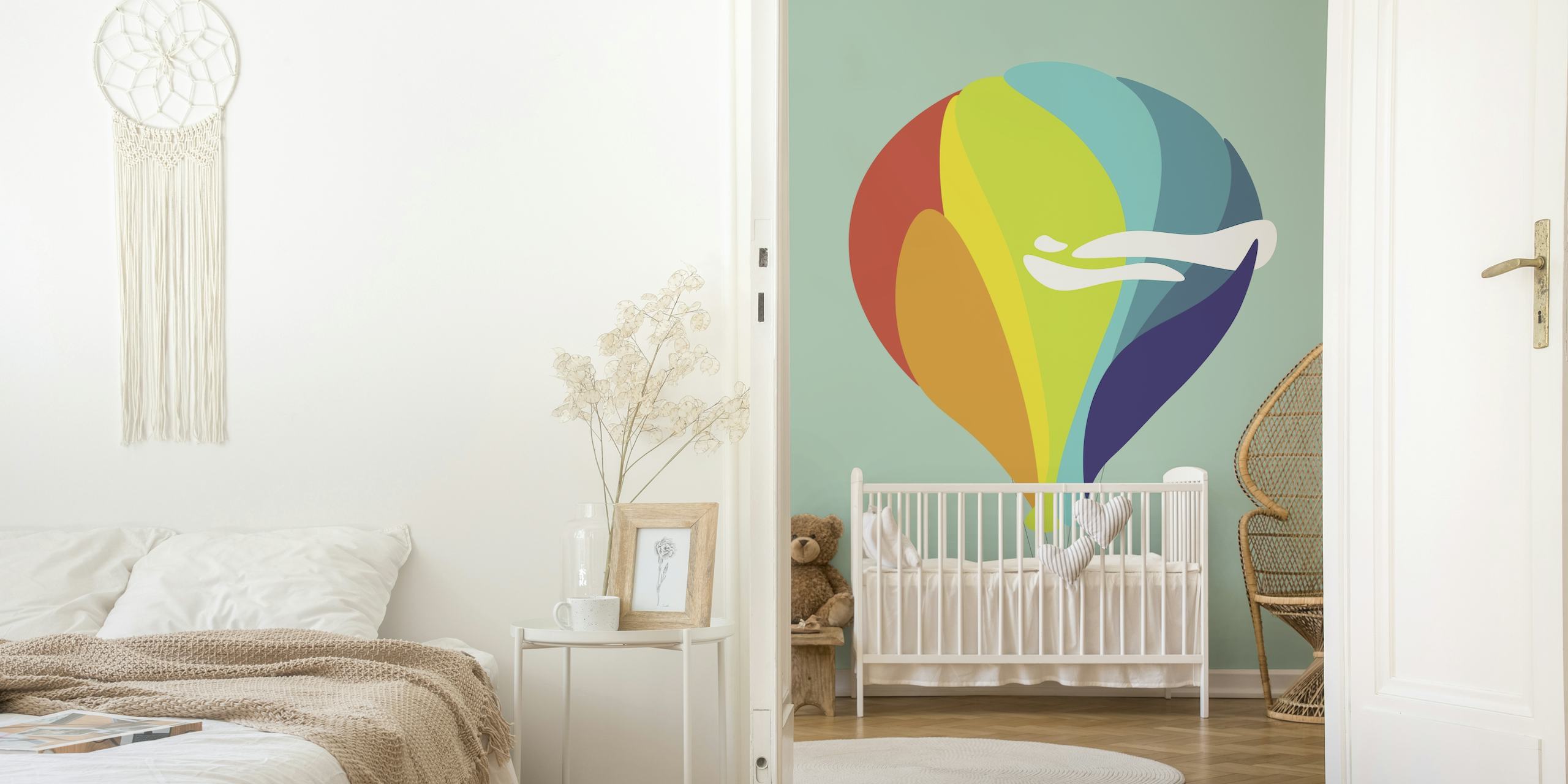Colorful hot air balloon wall mural against teal background
