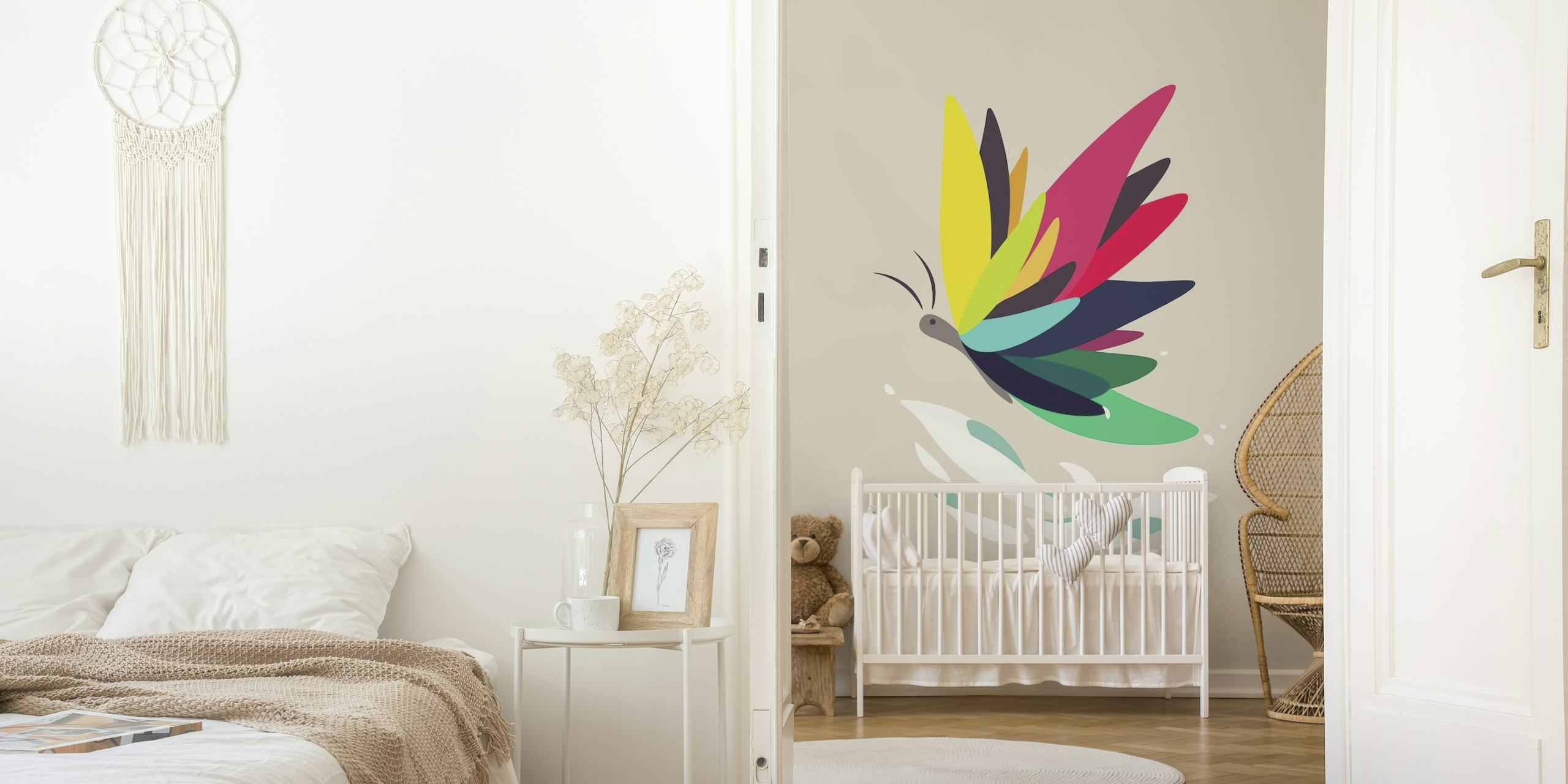 Colorful stylized butterfly wall mural on a beige background