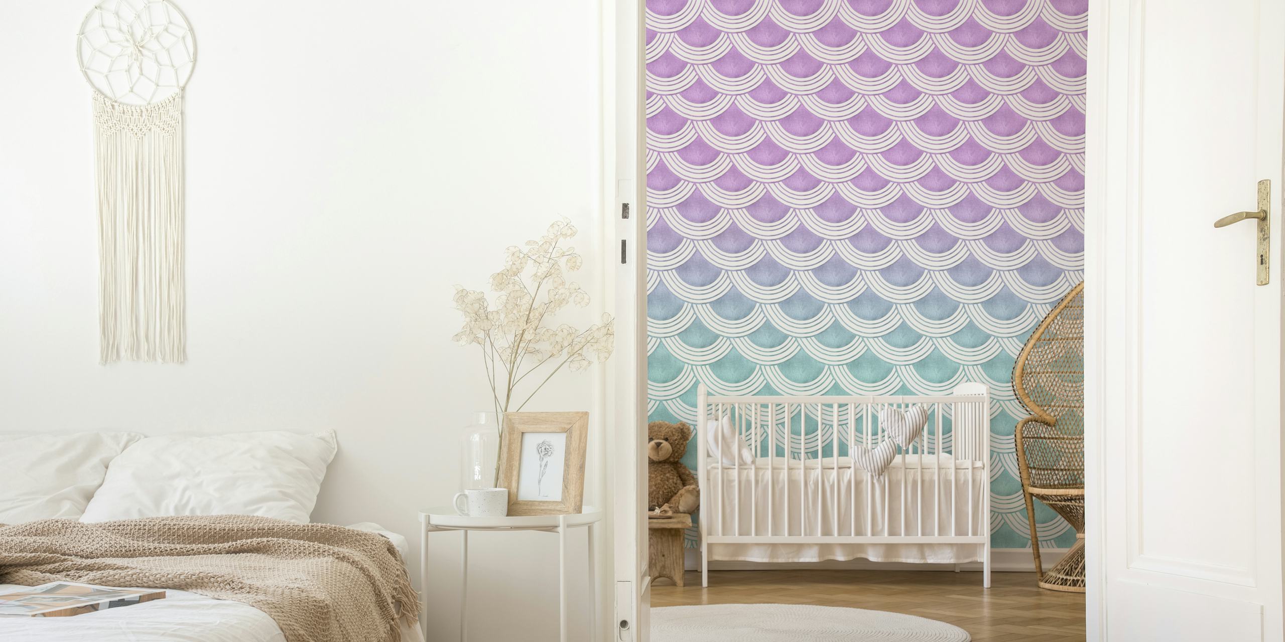 Pastel mermaid scales wallpaper in a room