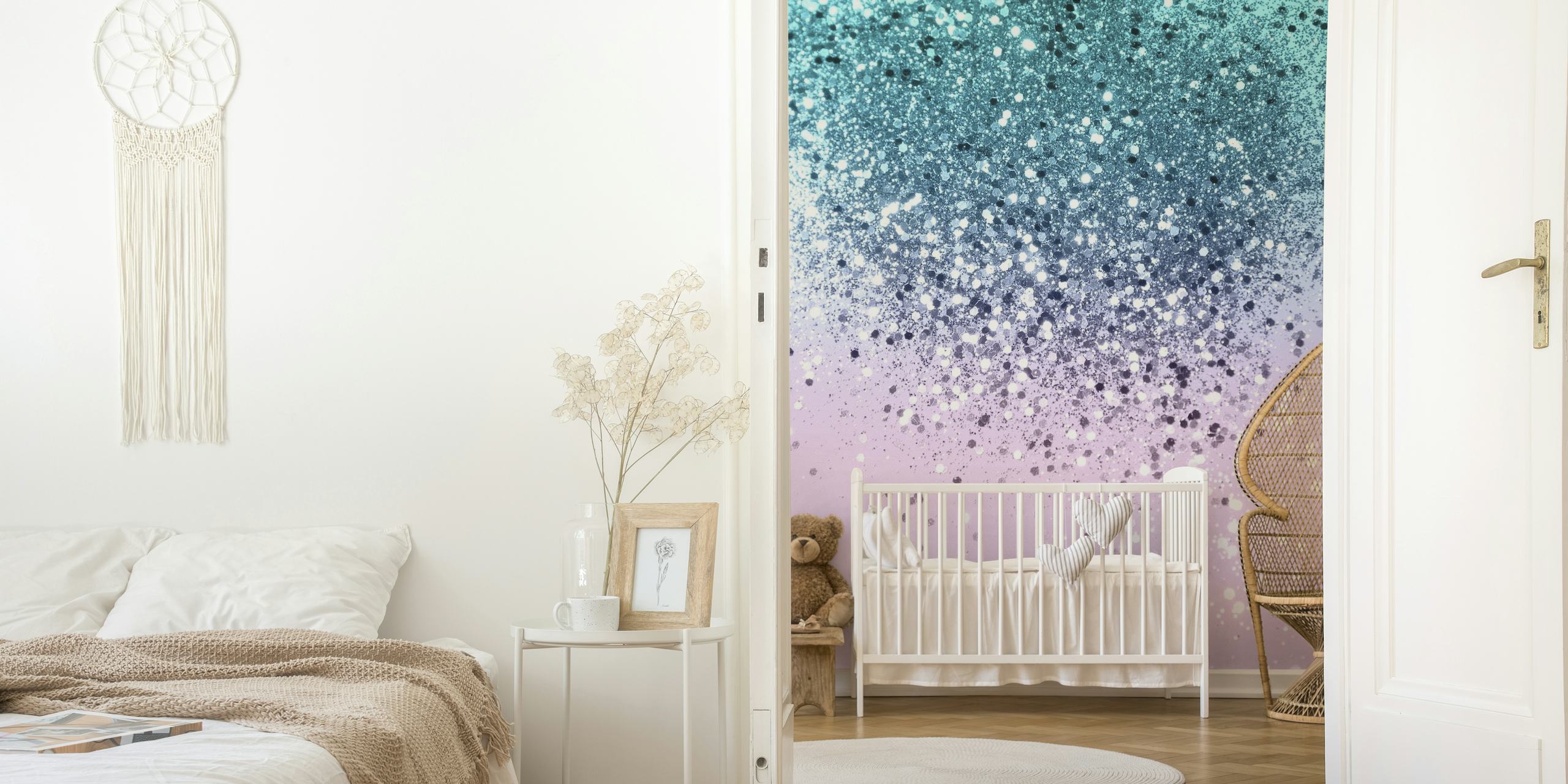 Gradient turquoise to pink wall mural with glitter effect named Unicorn Princess Glitter 2.