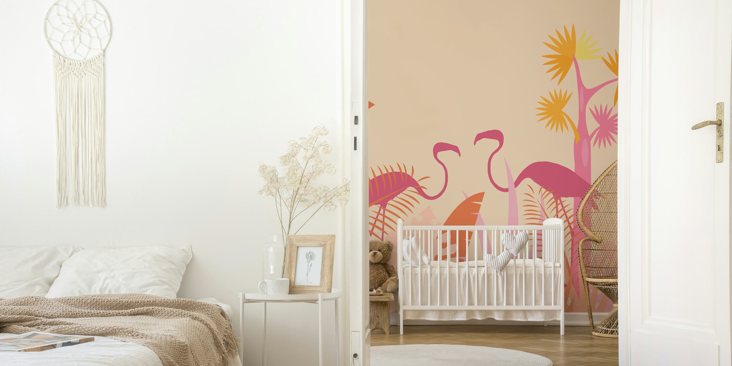 Flamingo Jungle Summer Vibe seinämaalaus, jossa vaaleanpunaisia flamingoja ja trooppista kasvistoa lämpimällä taustalla