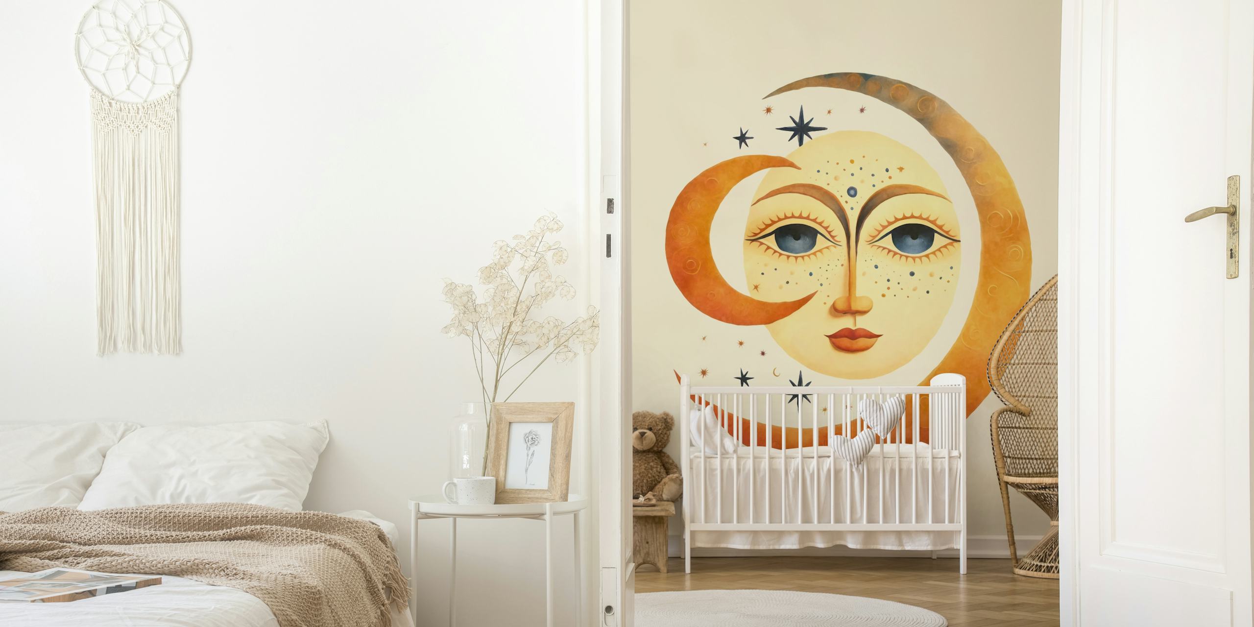 Whimsical Moon Watercolor Art em um quarto