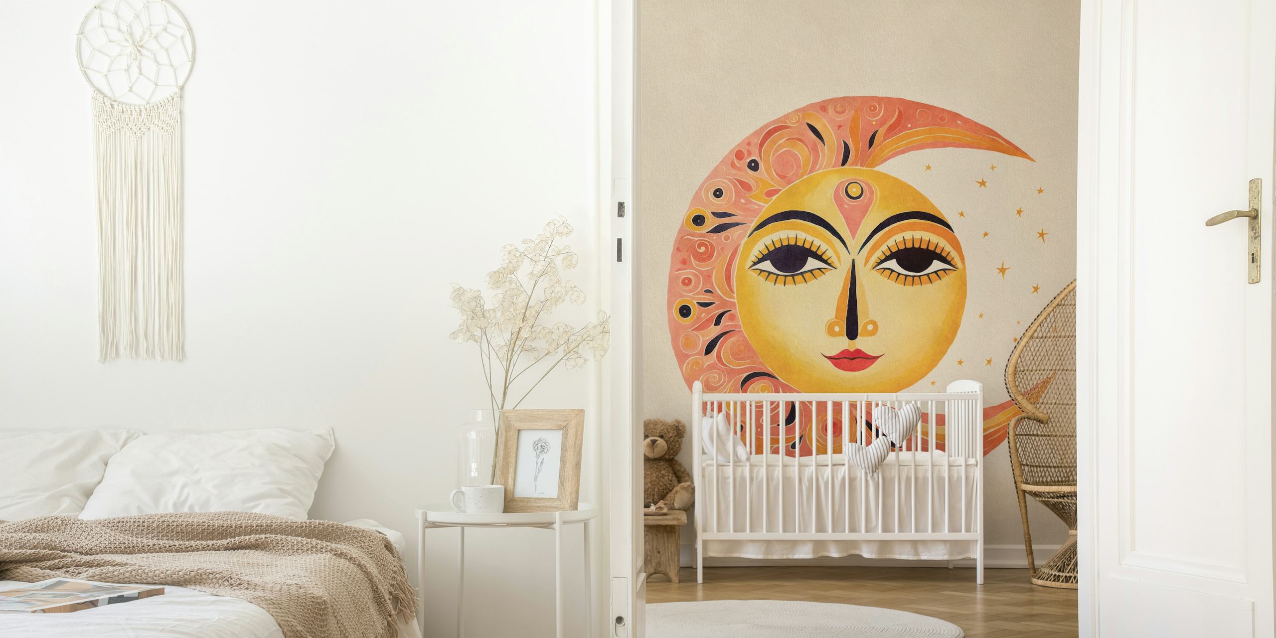 Whimsical Sun Moon Face wall mural with harmonious sun and moon design